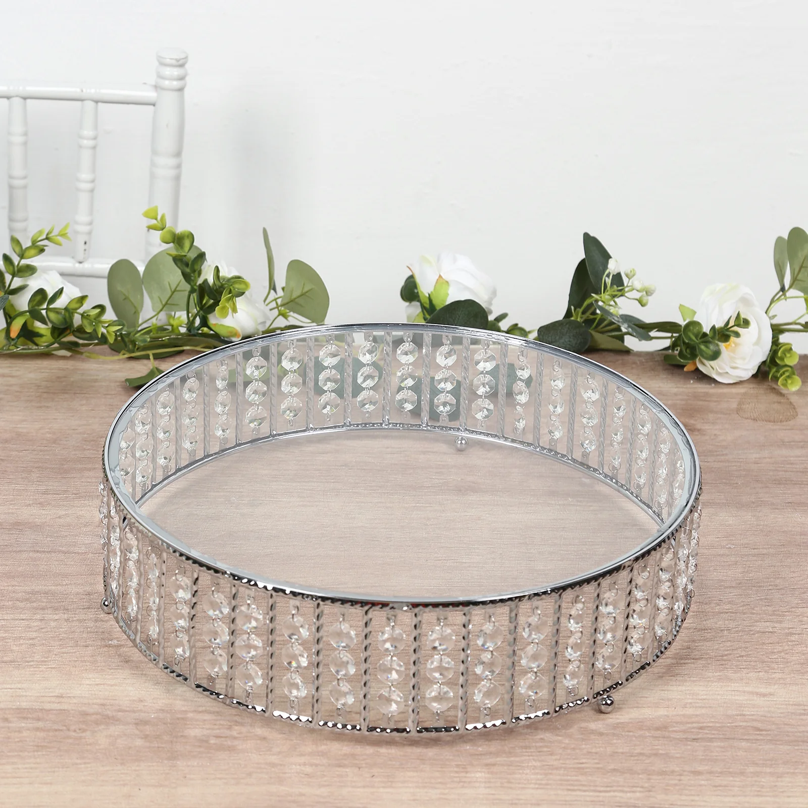 Crystal Cake Stand with Hanging Beads and Glass Top – 14" Round Silver Metal Dessert Display Tray - Image 6