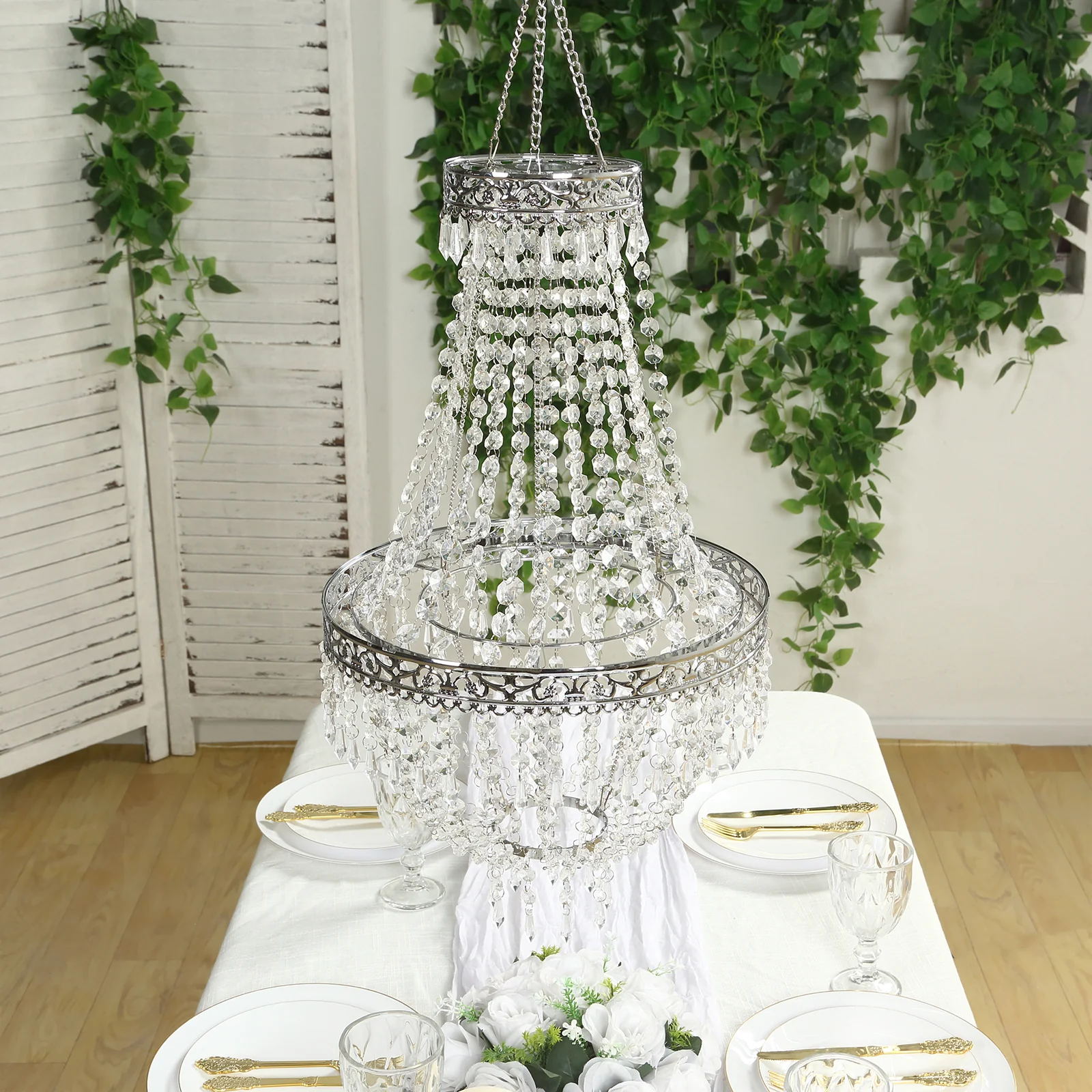 Empire Style Beaded Crystal Chandelier with Silver Ornate Metal Frame, Adjustable Hanging Farmhouse Pendant Ceiling Lighting - 2ft - Image 10