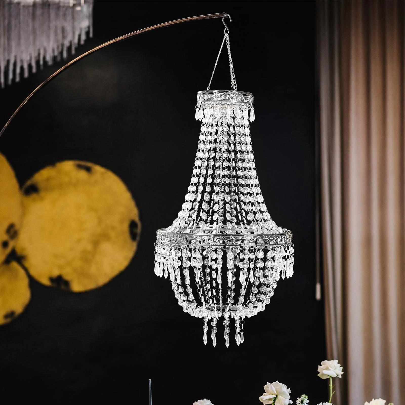 Empire Style Beaded Crystal Chandelier with Silver Ornate Metal Frame, Adjustable Hanging Farmhouse Pendant Ceiling Lighting - 2ft - Image 7