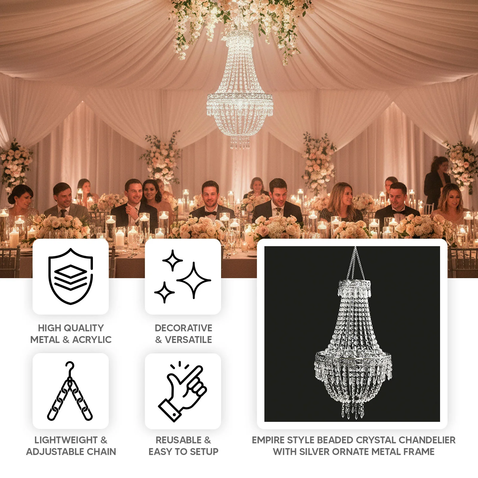 Empire Style Beaded Crystal Chandelier with Silver Ornate Metal Frame, Adjustable Hanging Farmhouse Pendant Ceiling Lighting - 3ft - Image 4