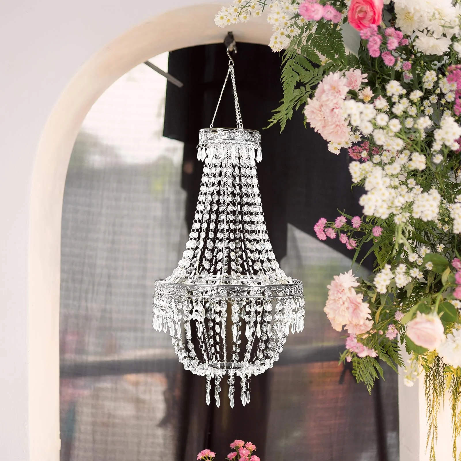 Empire Style Beaded Crystal Chandelier with Silver Ornate Metal Frame, Adjustable Hanging Farmhouse Pendant Ceiling Lighting - 3ft - Image 7