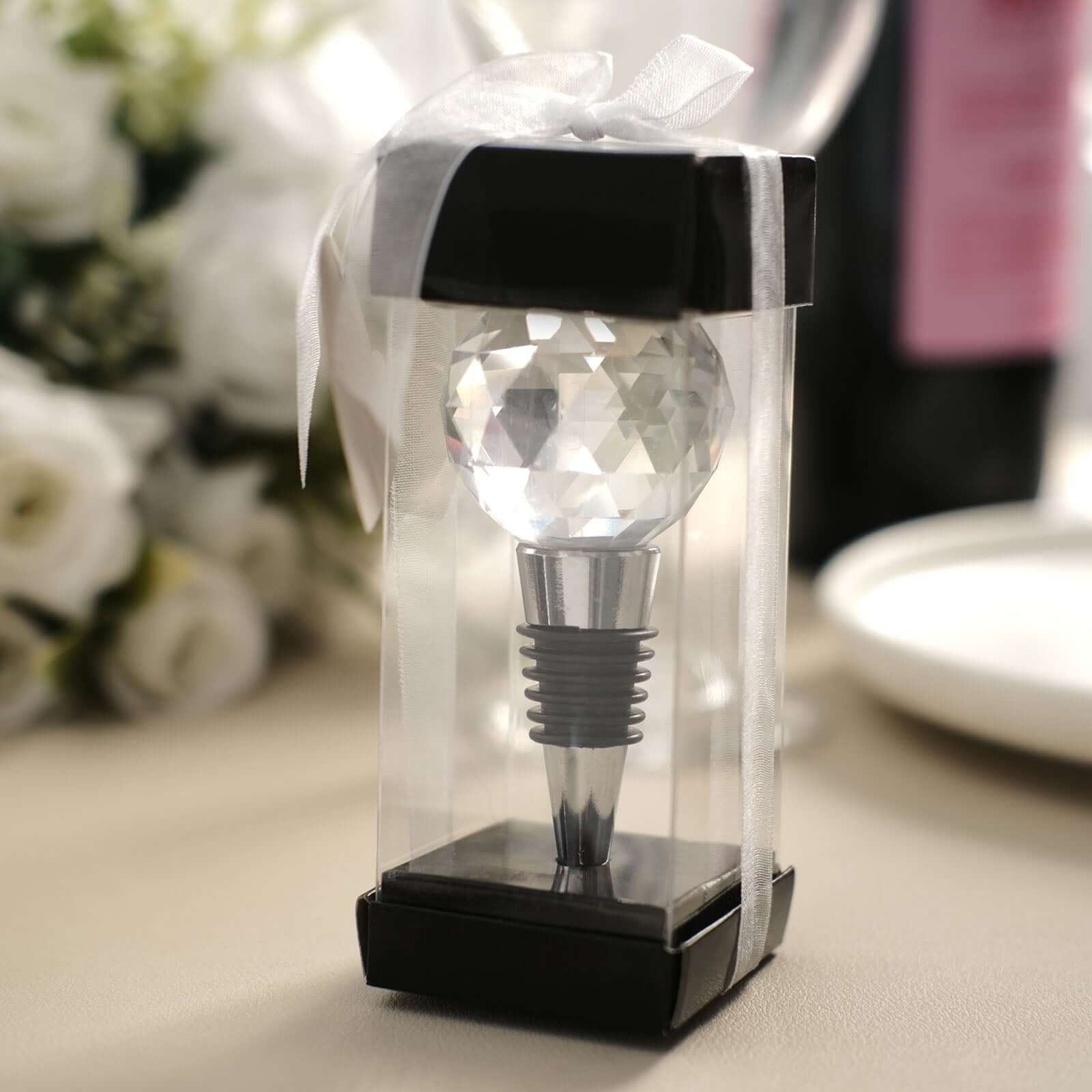 Crystal Glass Ball Metal Wine Bottle Stopper Plug Party Favor Gift Box - Clear Box, Thank You Card, and Ribbon Included - Image 2