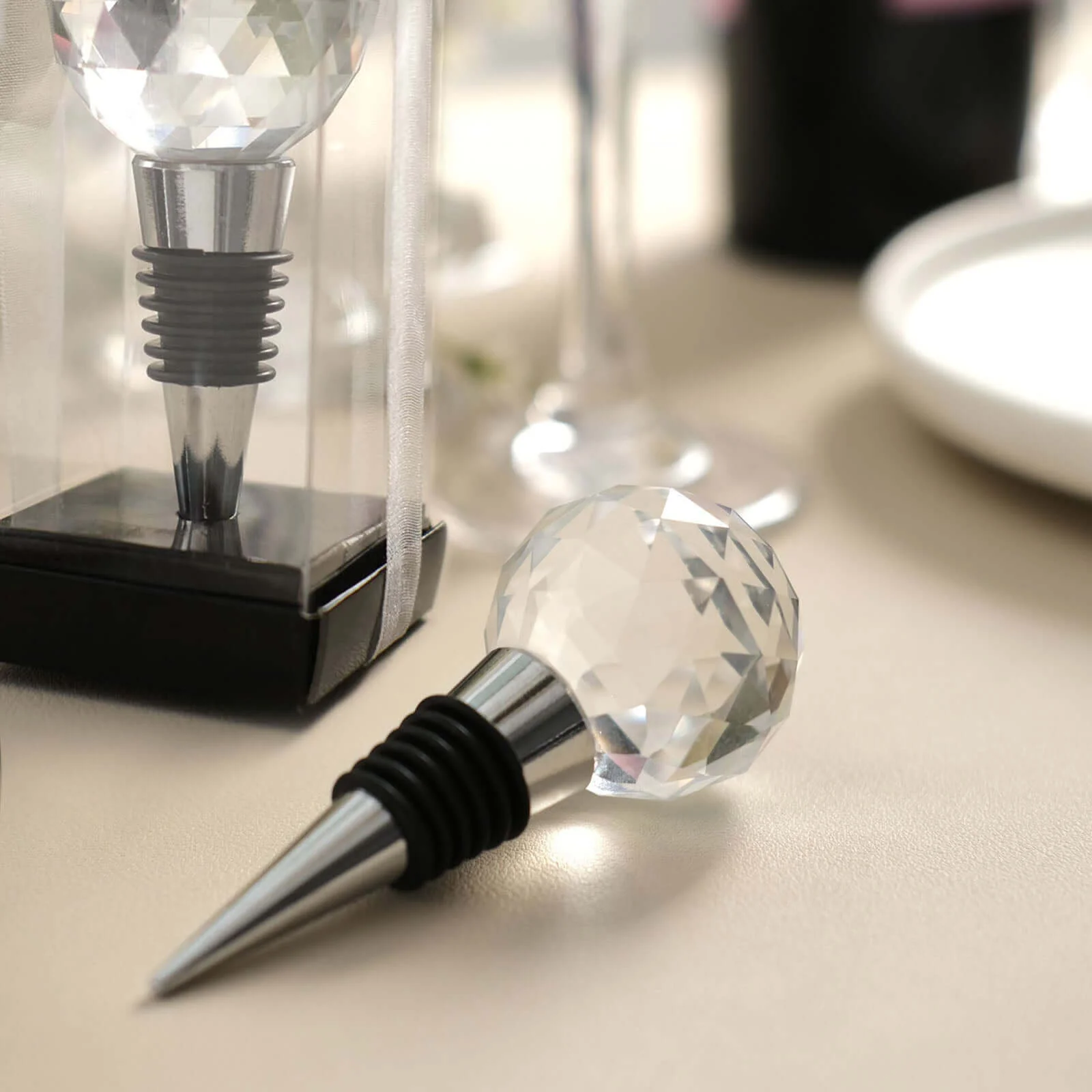 Crystal Glass Ball Metal Wine Bottle Stopper Plug Party Favor Gift Box - Clear Box, Thank You Card, and Ribbon Included - Image 5