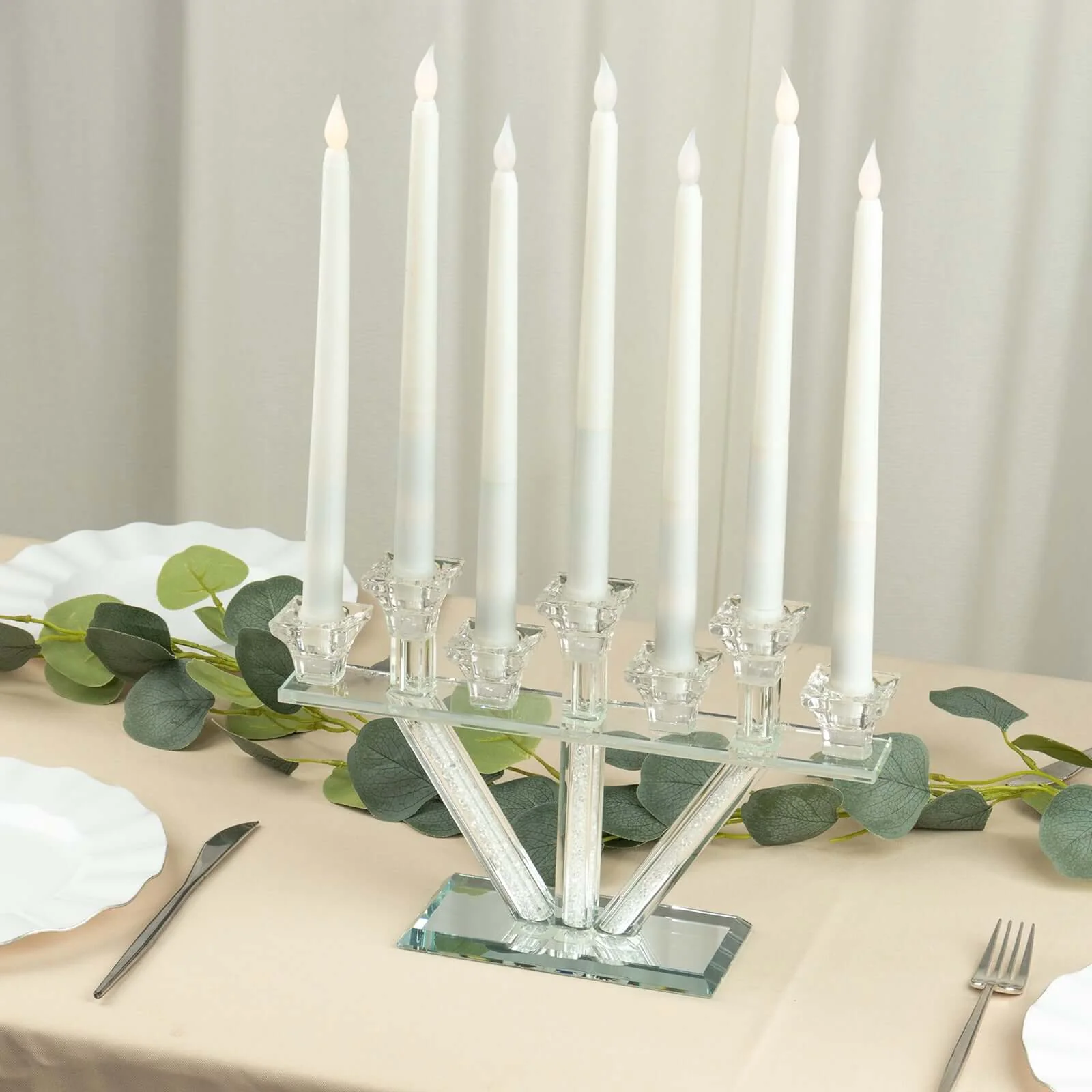 Crystal Glass Candelabra With Crystal Filler 12" - 7-Branch Taper Candle Stick Holder Stand Table Centerpiece With Mirror Base - Image 11