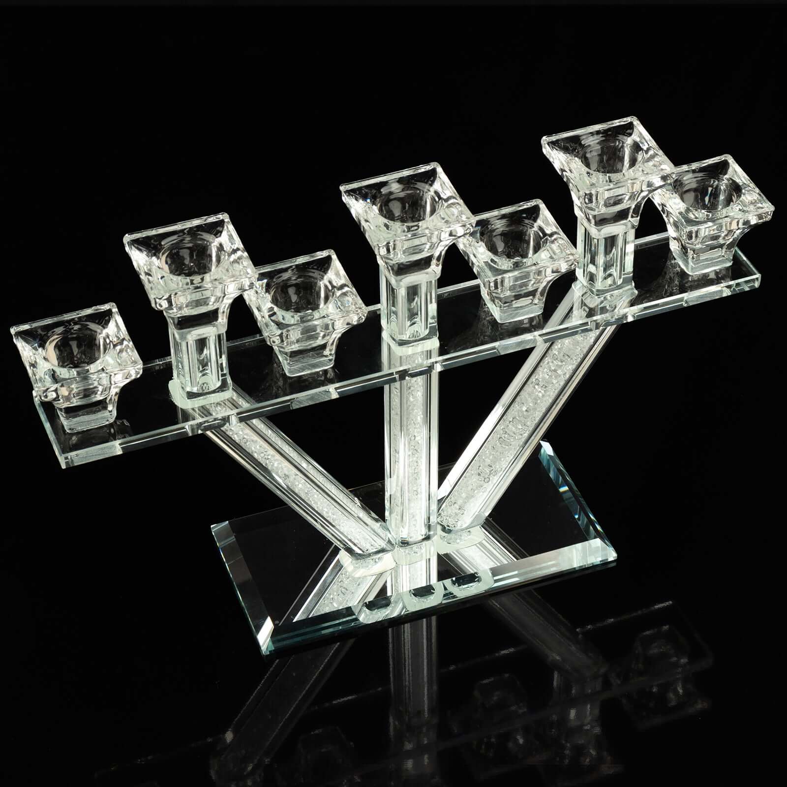 Crystal Glass Candelabra With Crystal Filler 12" - 7-Branch Taper Candle Stick Holder Stand Table Centerpiece With Mirror Base - Image 14
