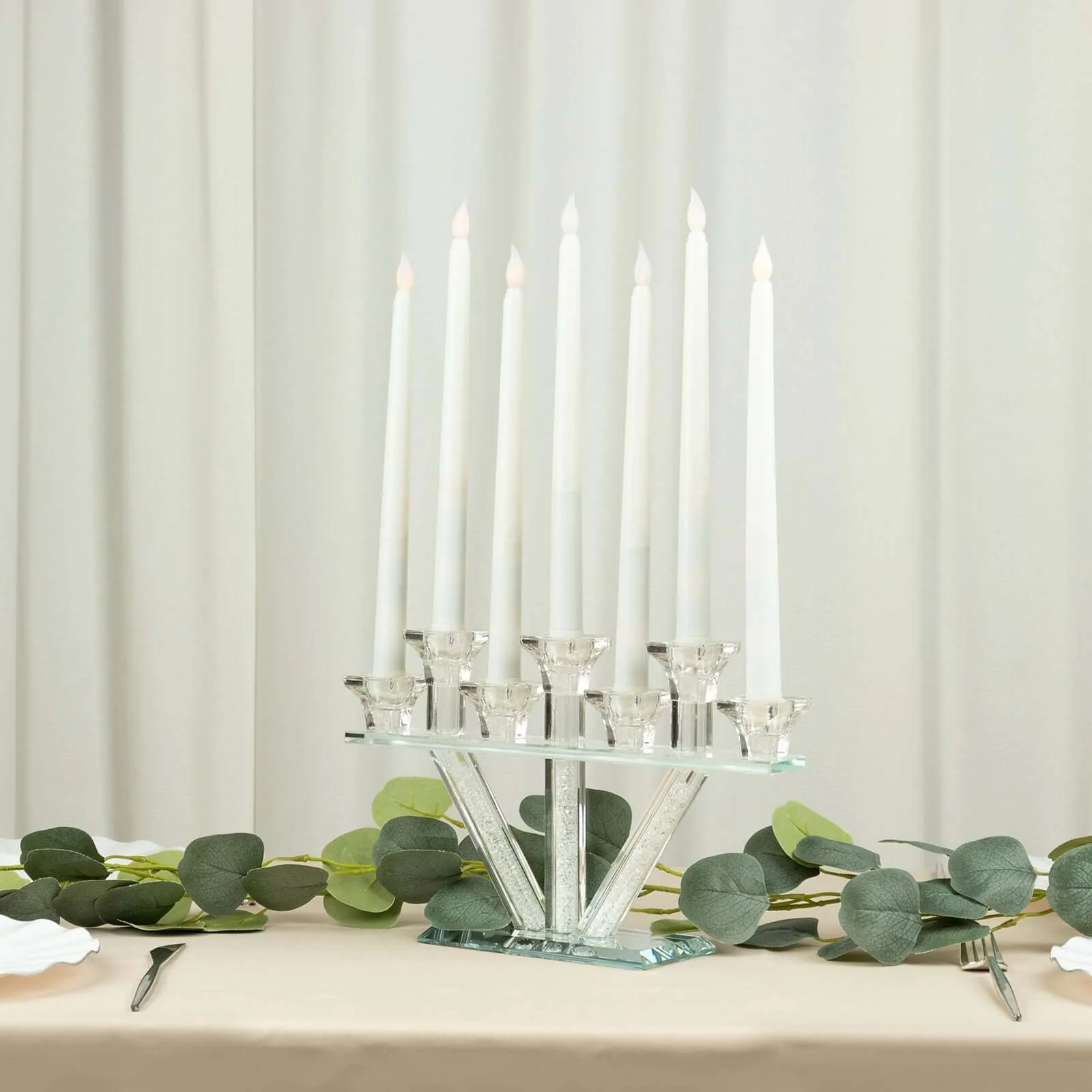 Crystal Glass Candelabra With Crystal Filler 12" - 7-Branch Taper Candle Stick Holder Stand Table Centerpiece With Mirror Base - Image 6