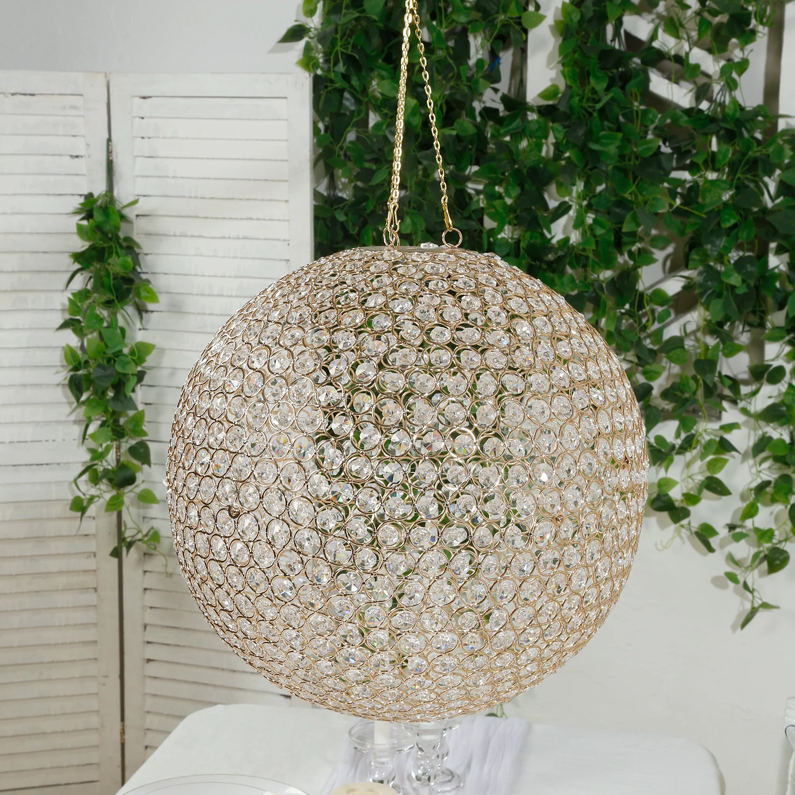 Crystal Globe Chandelier Pendant – 16" Hanging Beaded Ball with Gold Metal Hook & Chain, Decorative Accent