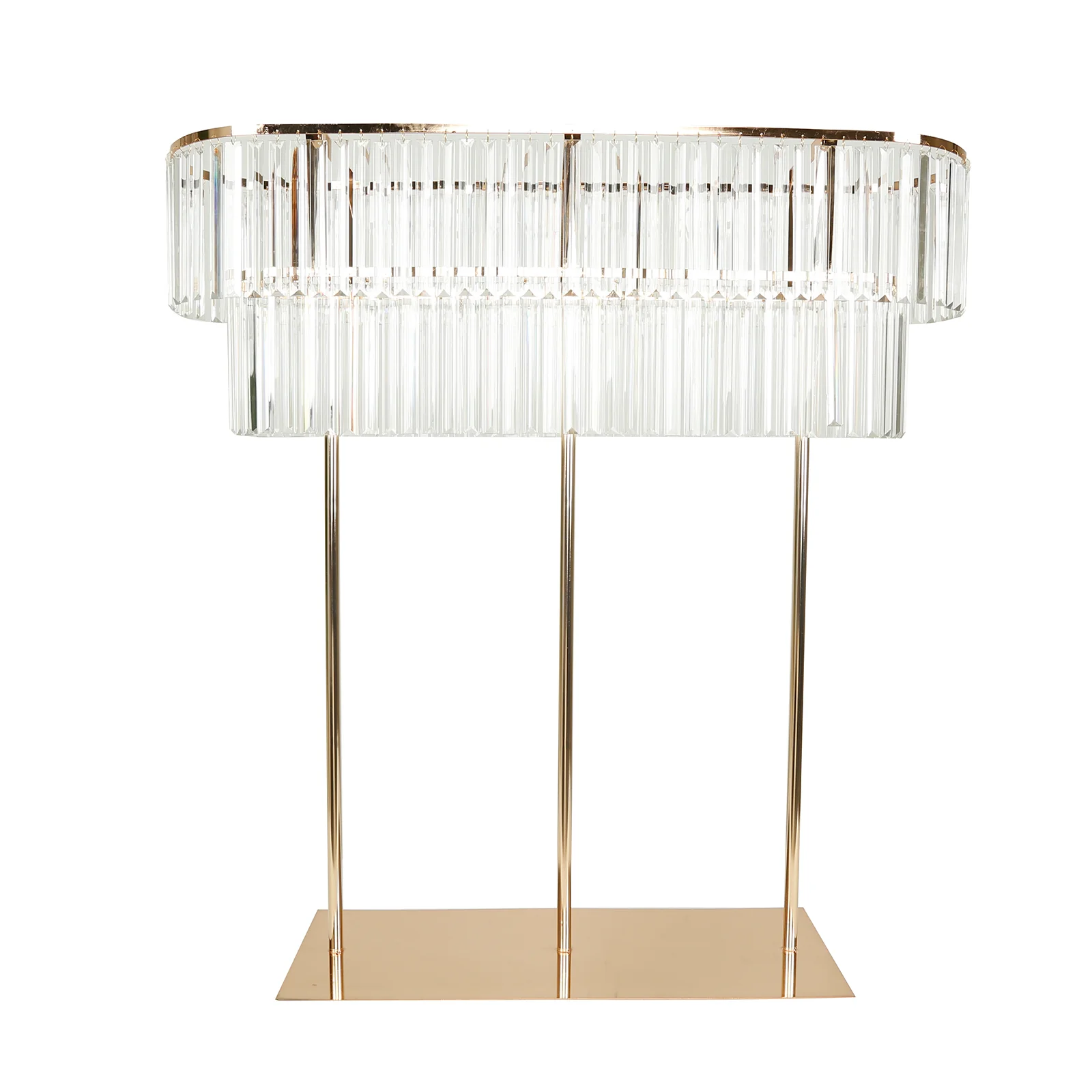 Crystal Pendant 2-Tier Flower Stand 40"x40" – Gold Metal Oval Table Centerpiece Pedestal with Drop Accents - Image 2