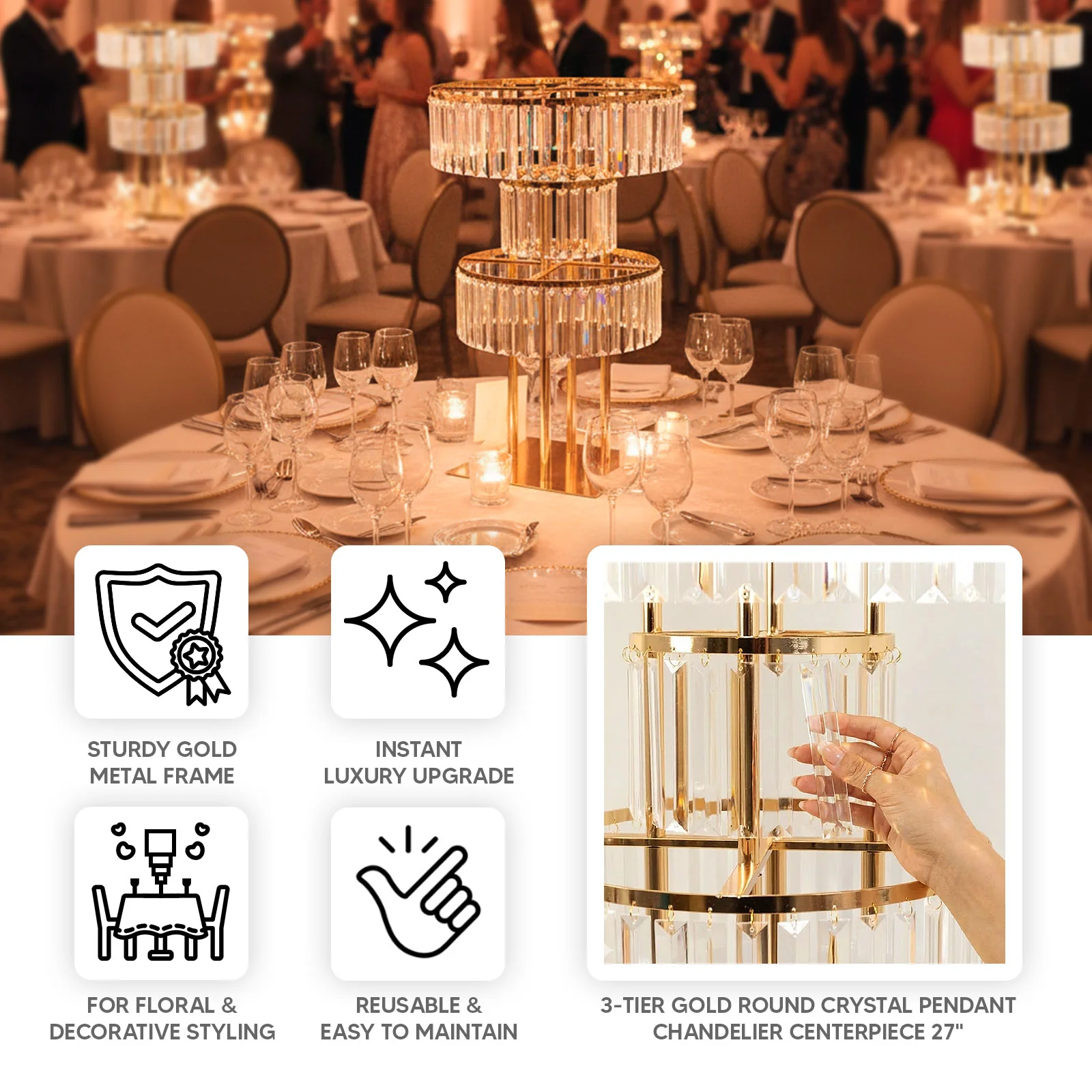 Crystal Pendant 3-Tier Table Centerpiece Chandelier in Gold, 27" Flower Stand Metal Vase Round Pedestal with Hanging Crystals - Image 3