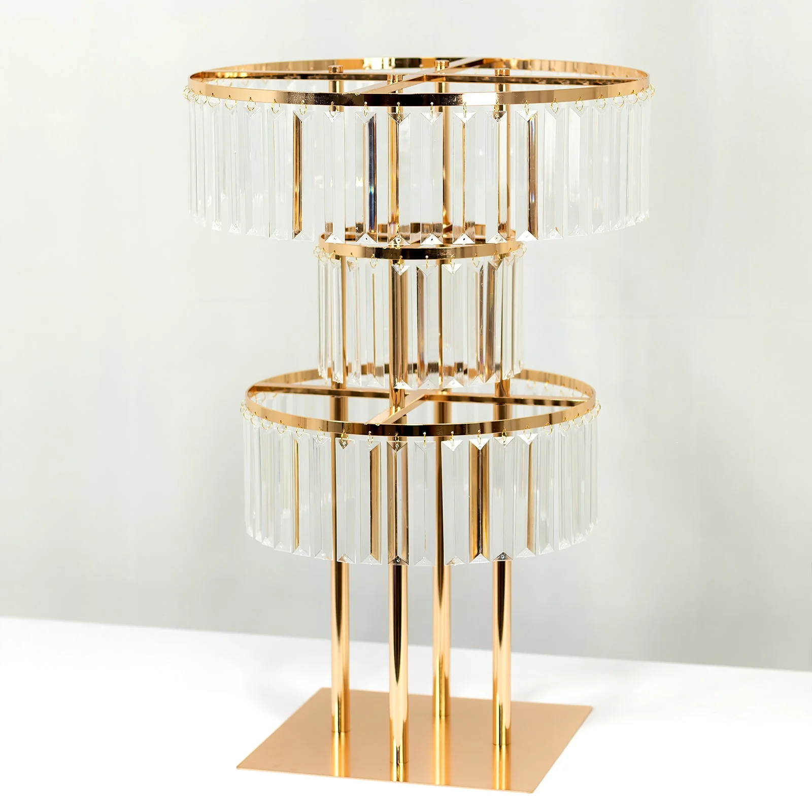 Crystal Pendant 3-Tier Table Centerpiece Chandelier in Gold, 27" Flower Stand Metal Vase Round Pedestal with Hanging Crystals - Image 6