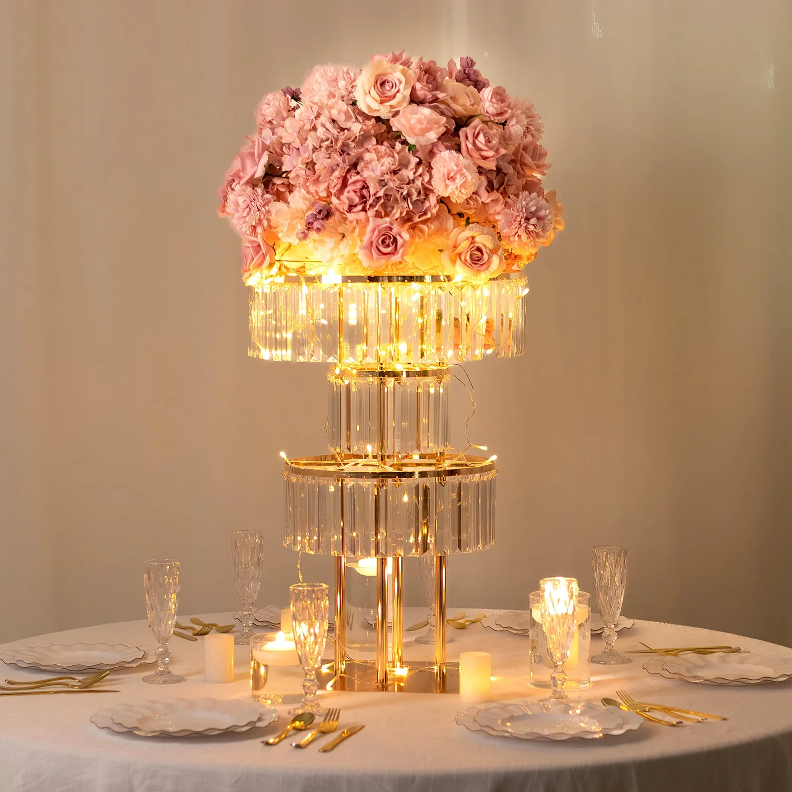 Crystal Pendant 3-Tier Table Centerpiece Chandelier in Gold, 27" Flower Stand Metal Vase Round Pedestal with Hanging Crystals - Image 8