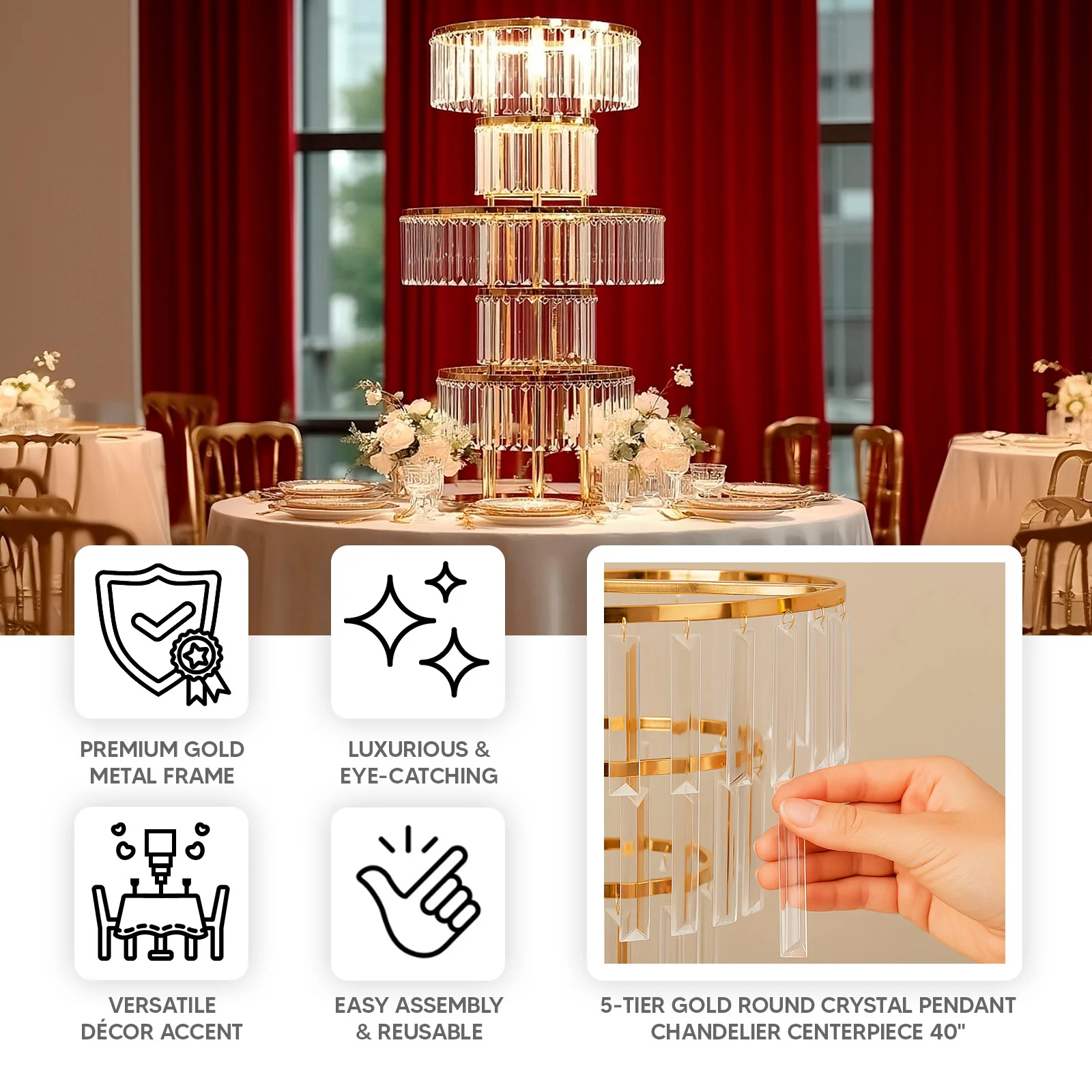 Crystal Pendant 5-Tier Table Centerpiece Chandelier in Gold, 40" Flower Stand Metal Vase Round Pedestal with Hanging Crystals - Image 4