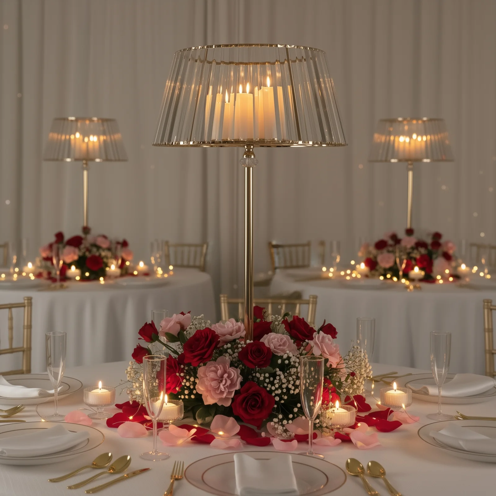 Gold Crystal Pendant Candle Holders 38" Classic Empire Lamp Shade Style, Votive Candle Stand for Table Centerpieces