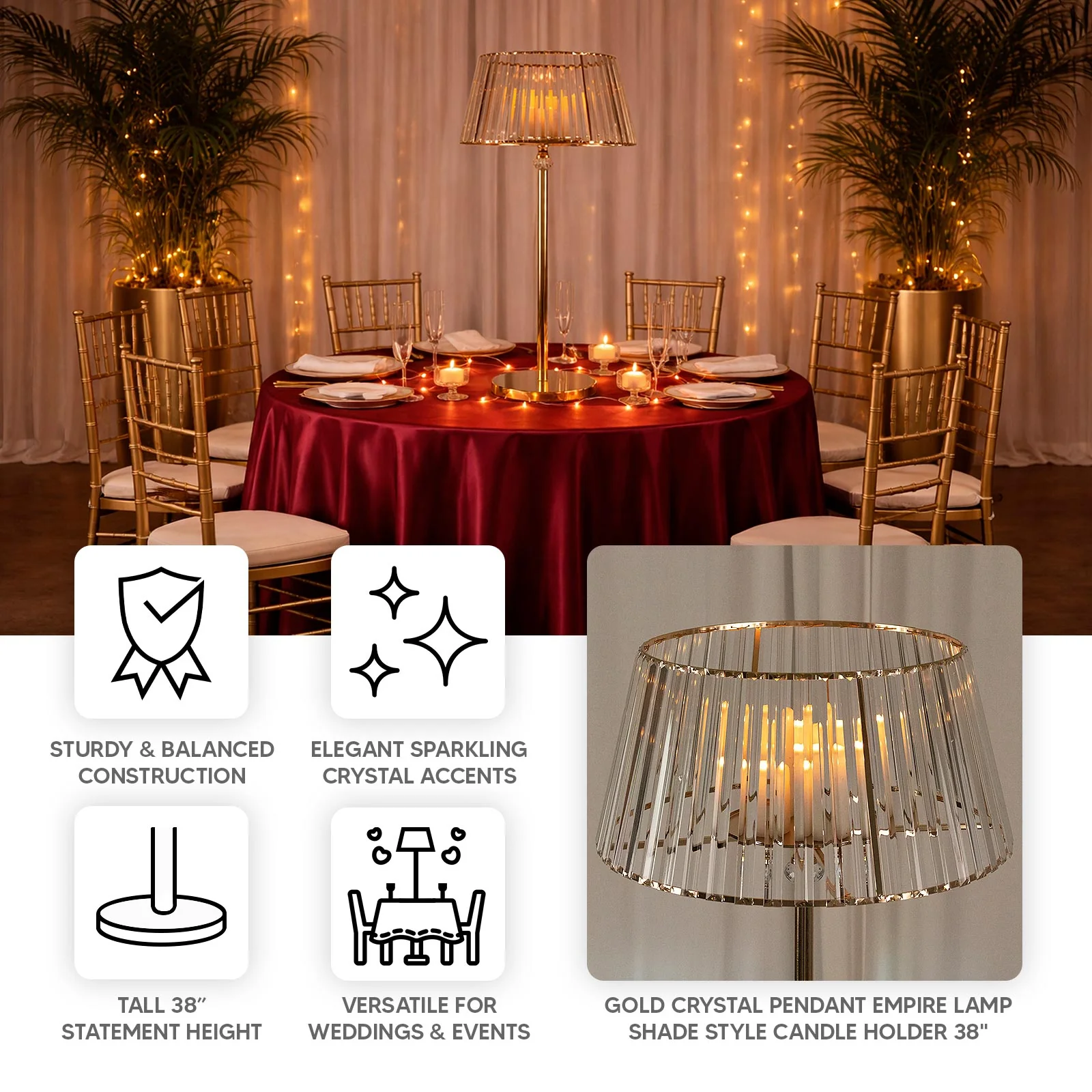 Gold Crystal Pendant Candle Holders 38" Classic Empire Lamp Shade Style, Votive Candle Stand for Table Centerpieces - Image 4