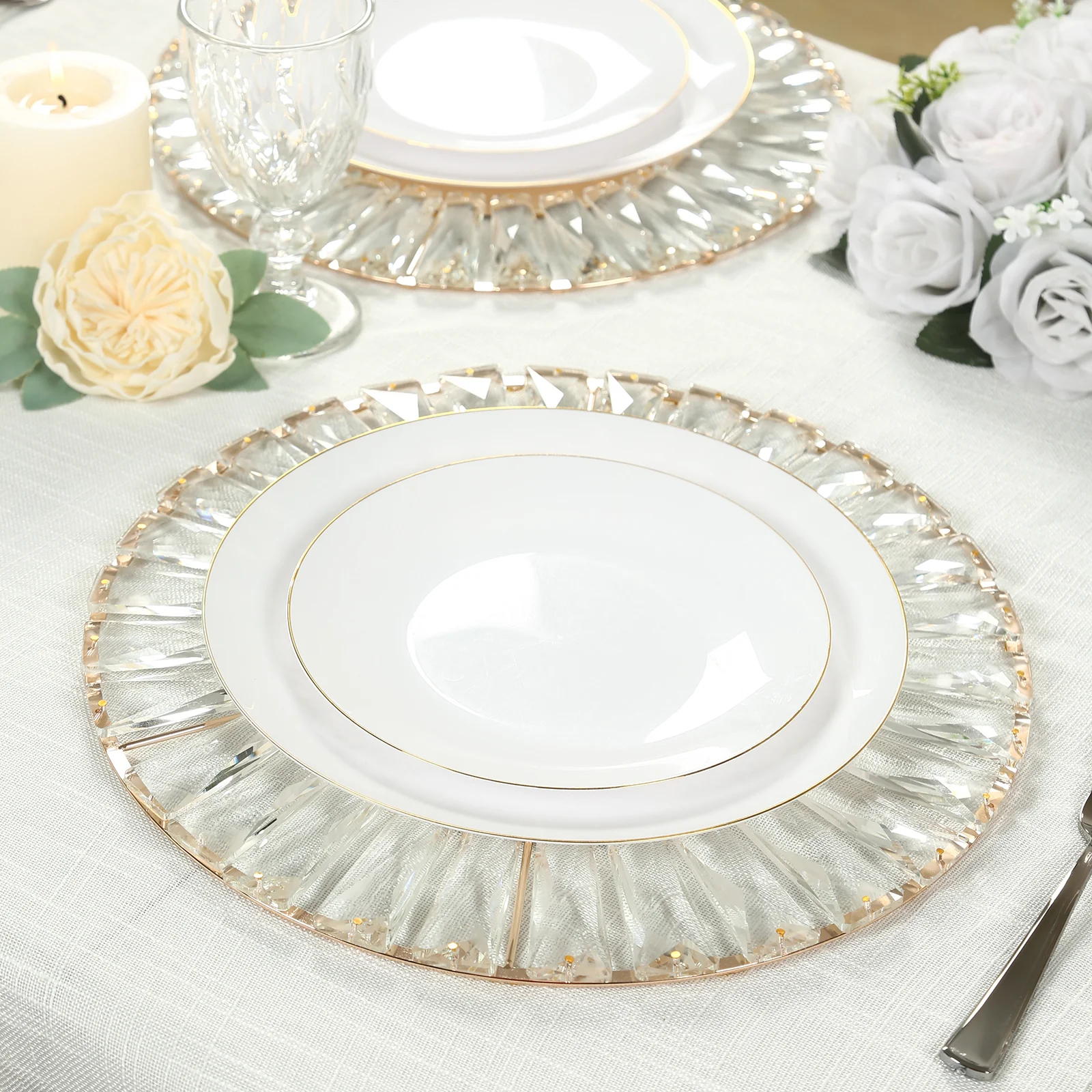 2 Pack Crystal Pendant Metal Charger Plates – 14" Round Gold Mirror Glass Decorative Table Chargers - Image 6