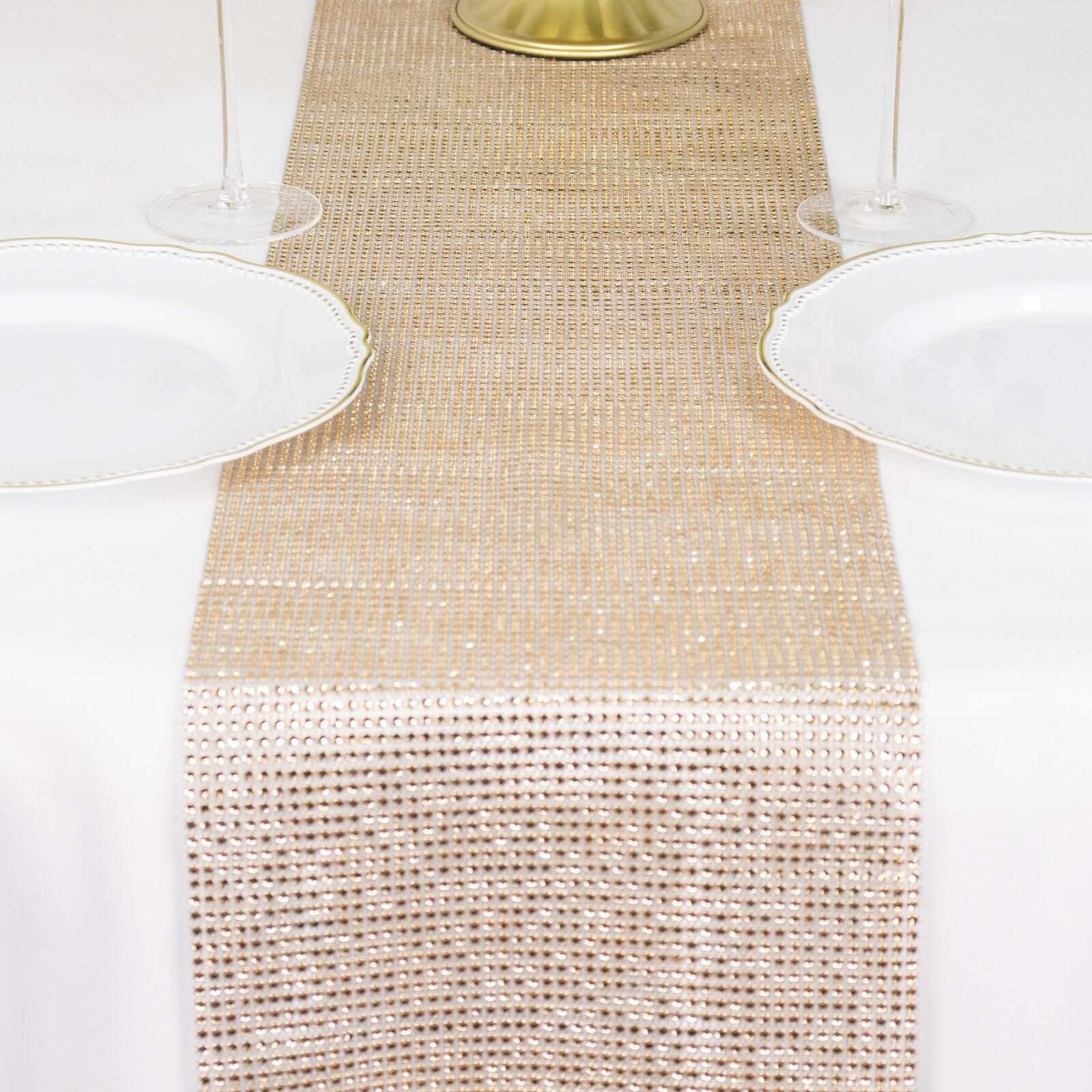 Crystal Rhinestone Table Runner 10"x108" Champagne - Shiny Diamond Mesh Bling Table Decor