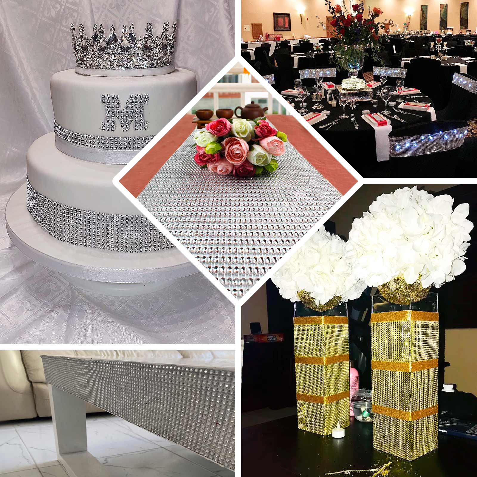 Crystal Rhinestone Table Runner 10"x108" Champagne - Shiny Diamond Mesh Bling Table Decor - Image 4