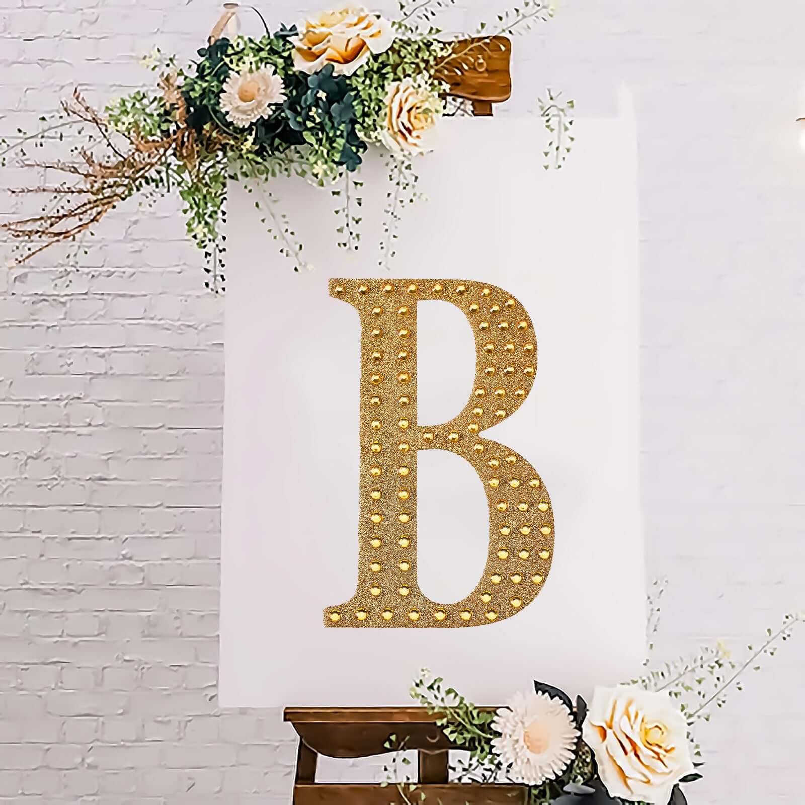 Decorative Rhinestone Alphabet "B" Letter Stickers 8", Gold Glitter Adhesive Craft Letters - DIY Sparkle Embellishments