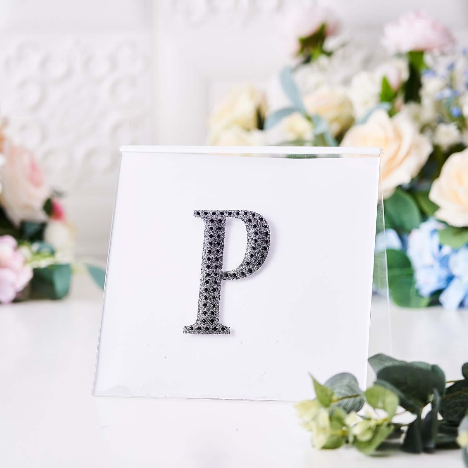 Decorative Rhinestone Alphabet "P" Letter Stickers 4", Black Glitter Adhesive Craft Letters - DIY Sparkle Embellishments