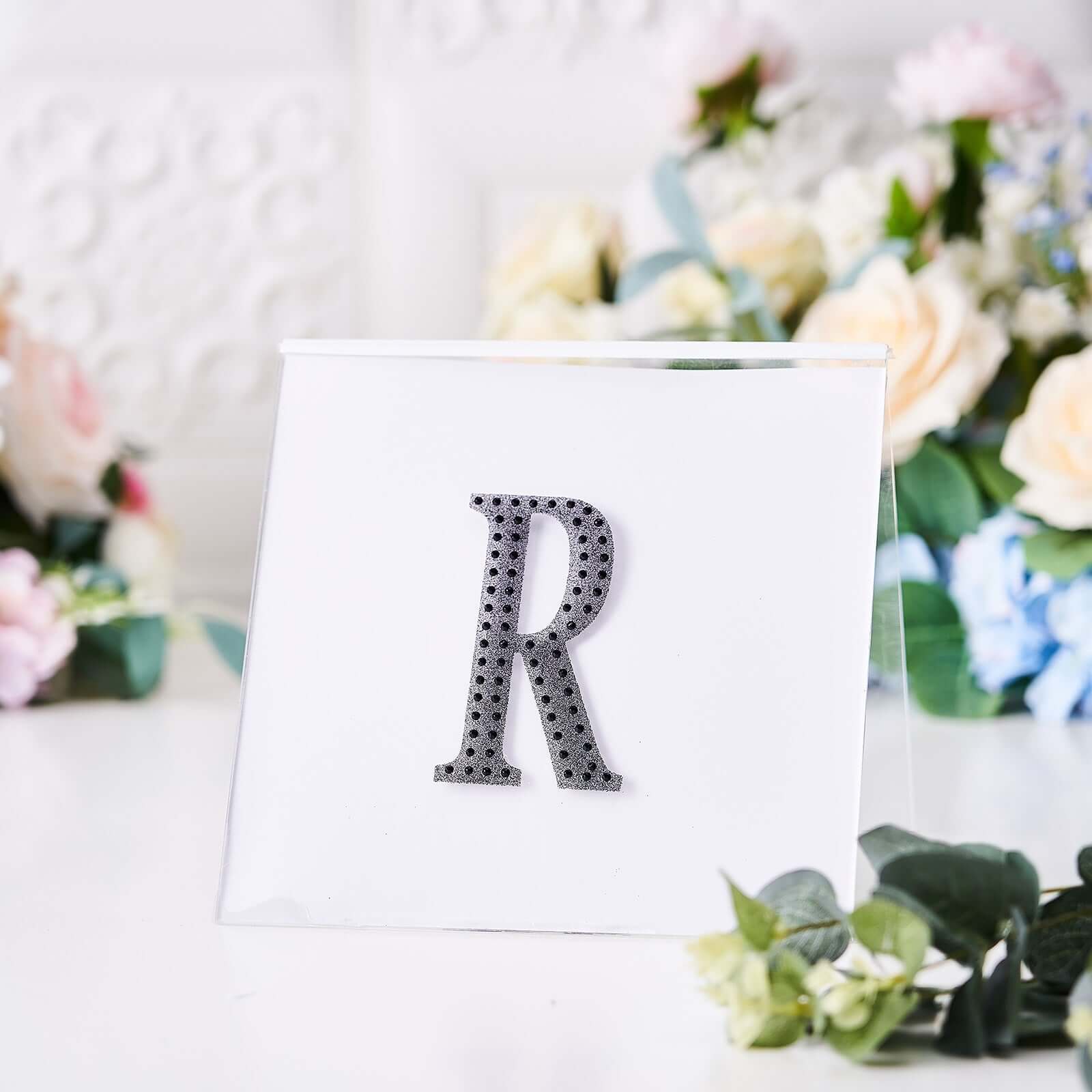 Decorative Rhinestone Alphabet "R" Letter Stickers 4", Black Glitter Adhesive Craft Letters - DIY Sparkle Embellishments