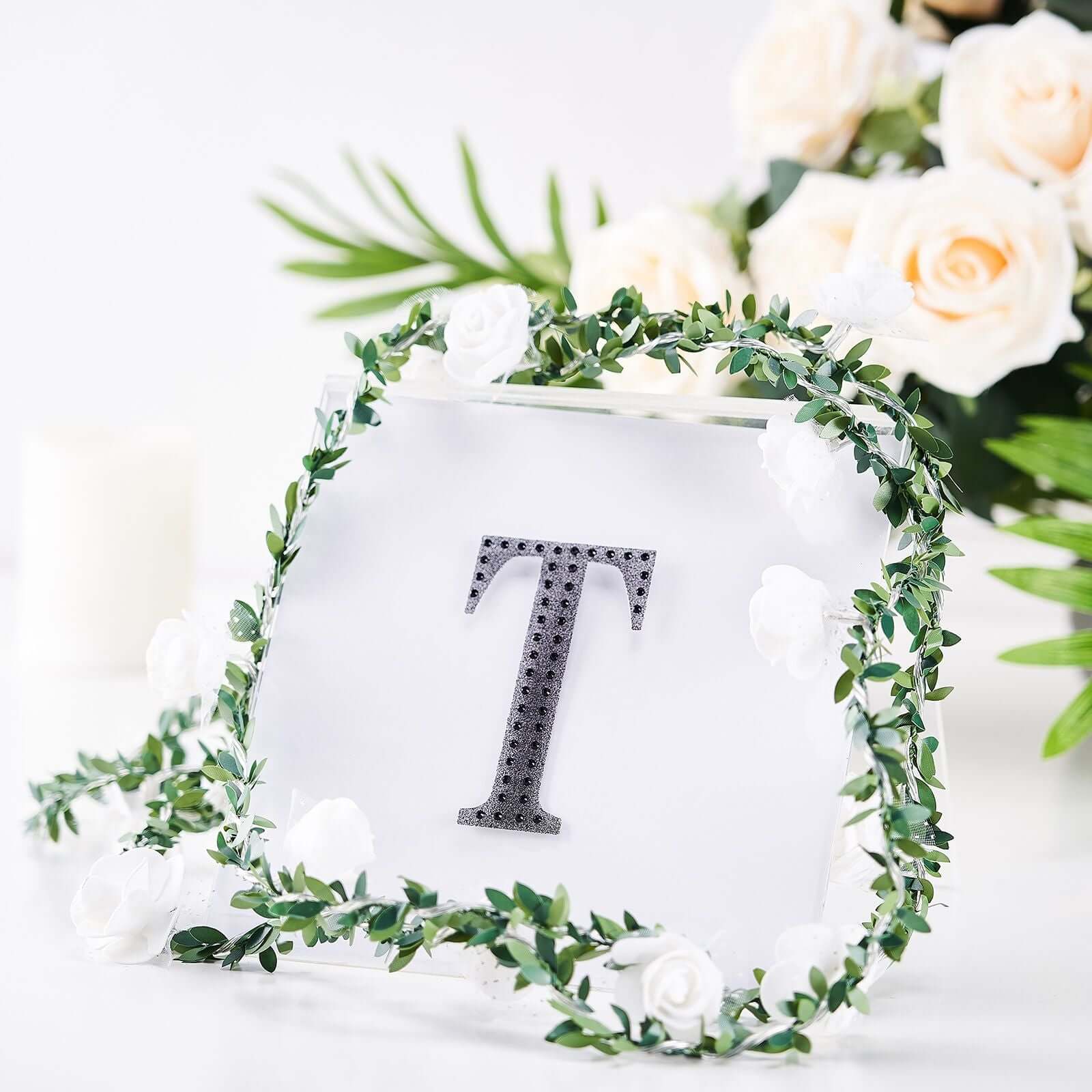 Decorative Rhinestone Alphabet "T" Letter Stickers 4", Black Glitter Adhesive Craft Letters - DIY Sparkle Embellishments - Image 2
