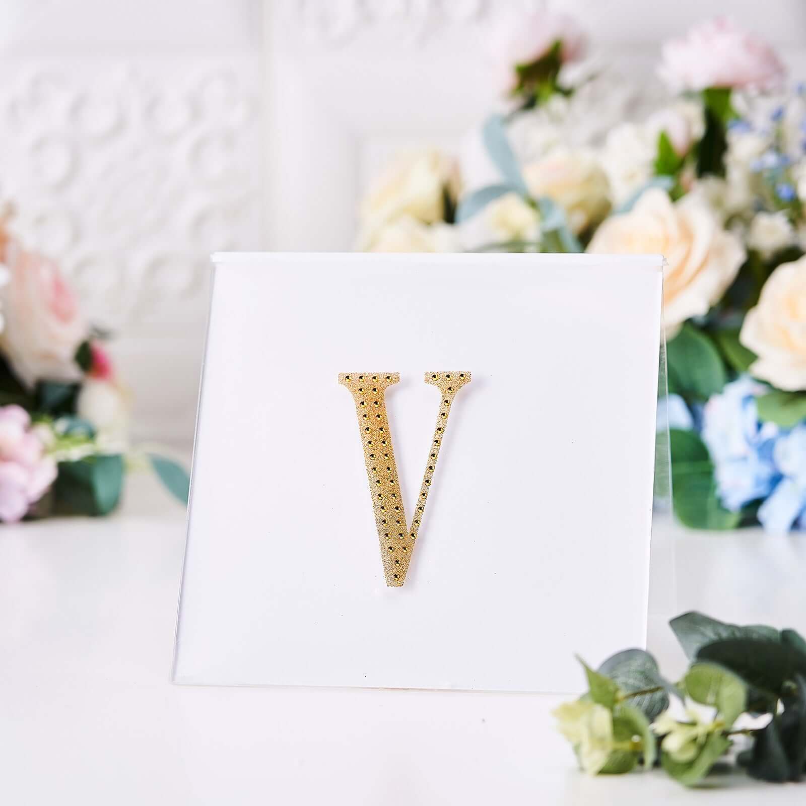 Decorative Rhinestone Alphabet "V" Letter Stickers 4", Gold Glitter Adhesive Craft Letters - DIY Sparkle Embellishments