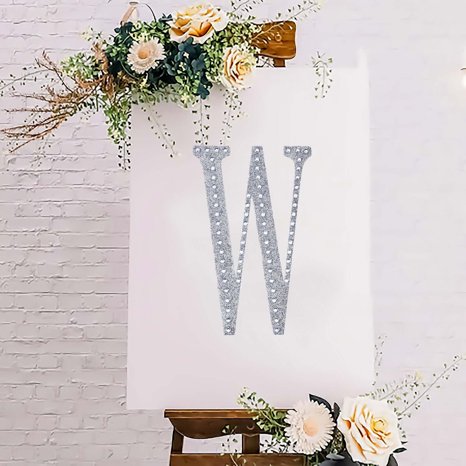 Decorative Rhinestone Alphabet "W" Letter Stickers 8", Silver Glitter Adhesive Craft Letters - DIY Sparkle Embellishments