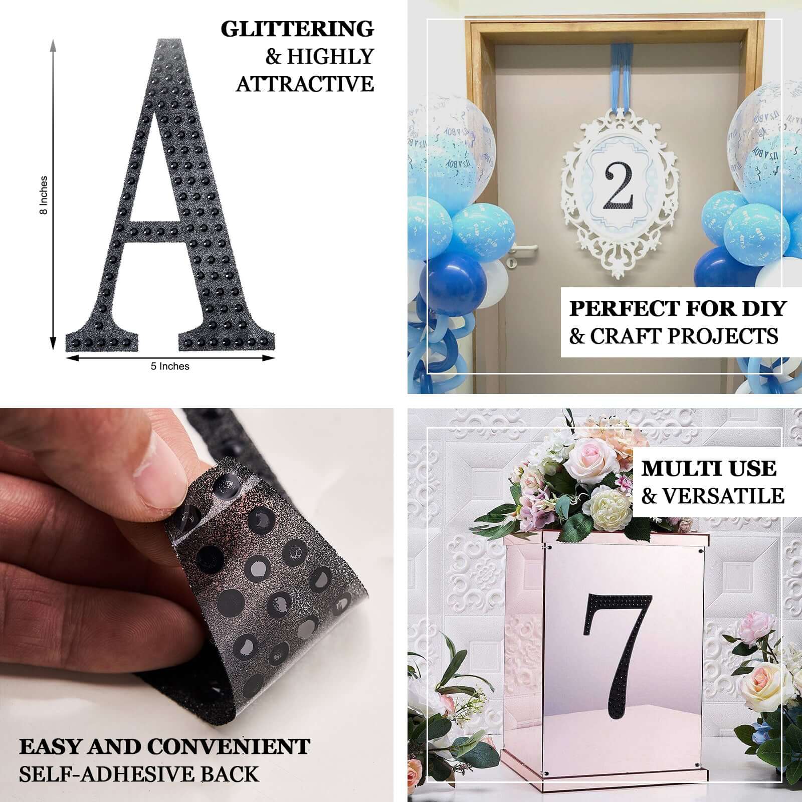 Decorative Rhinestone Number "4" Stickers 8", Black Glitter Adhesive Craft Numbers - DIY Sparkle Embellishments - Image 4