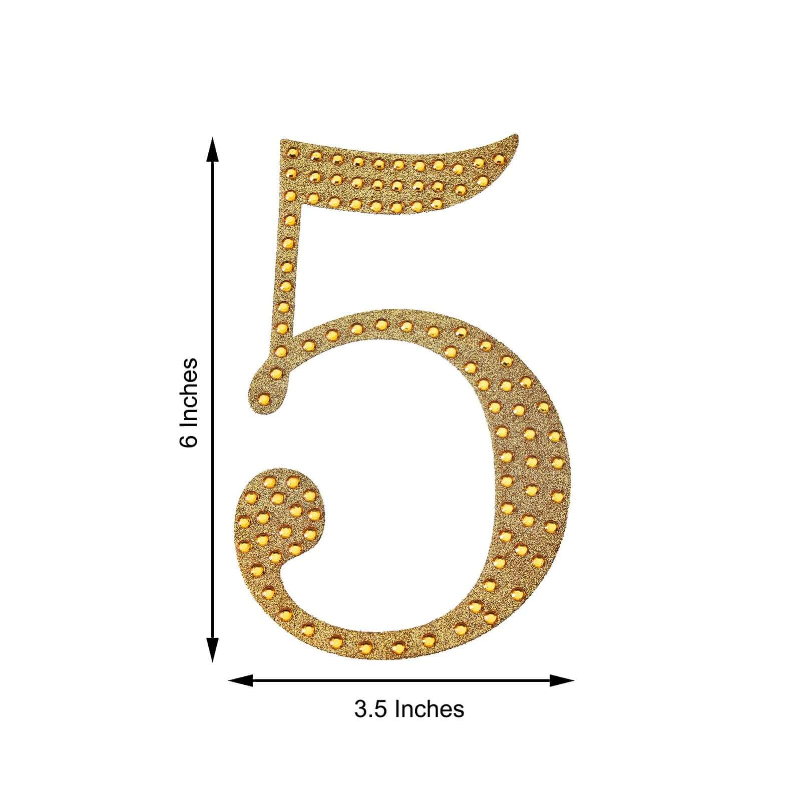 Decorative Rhinestone Number "5" Stickers 6", Gold Glitter Adhesive Craft Numbers - DIY Sparkle Embellishments - Image 3