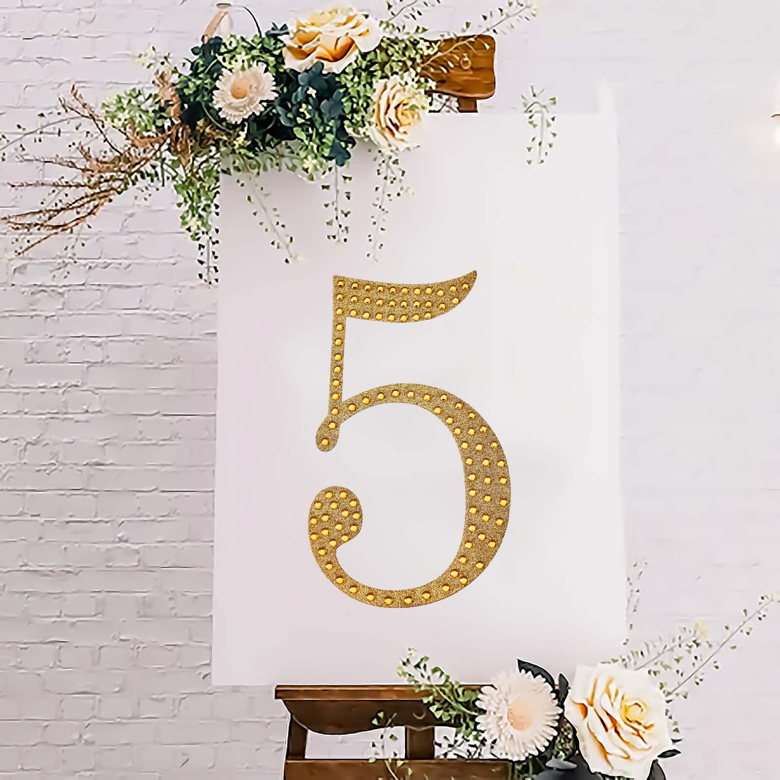 Decorative Rhinestone Number "5" Stickers 8", Gold Glitter Adhesive Craft Numbers - DIY Sparkle Embellishments