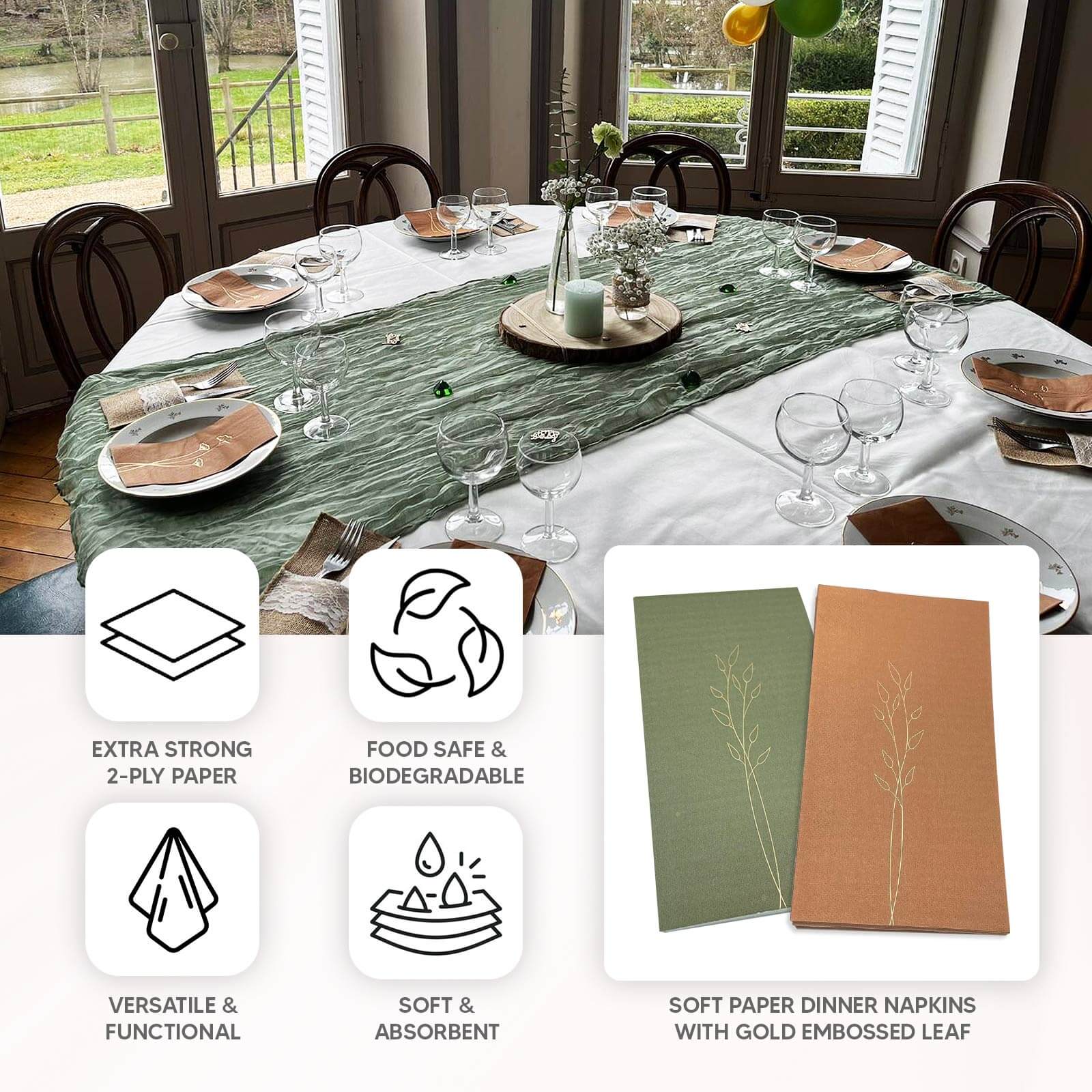 50-Pack Paper Dinner Napkins 2-Ply Terracotta (Rust) with Gold Embossed Leaf - Soft Wedding Party Napkins 18 GSM - Image 4