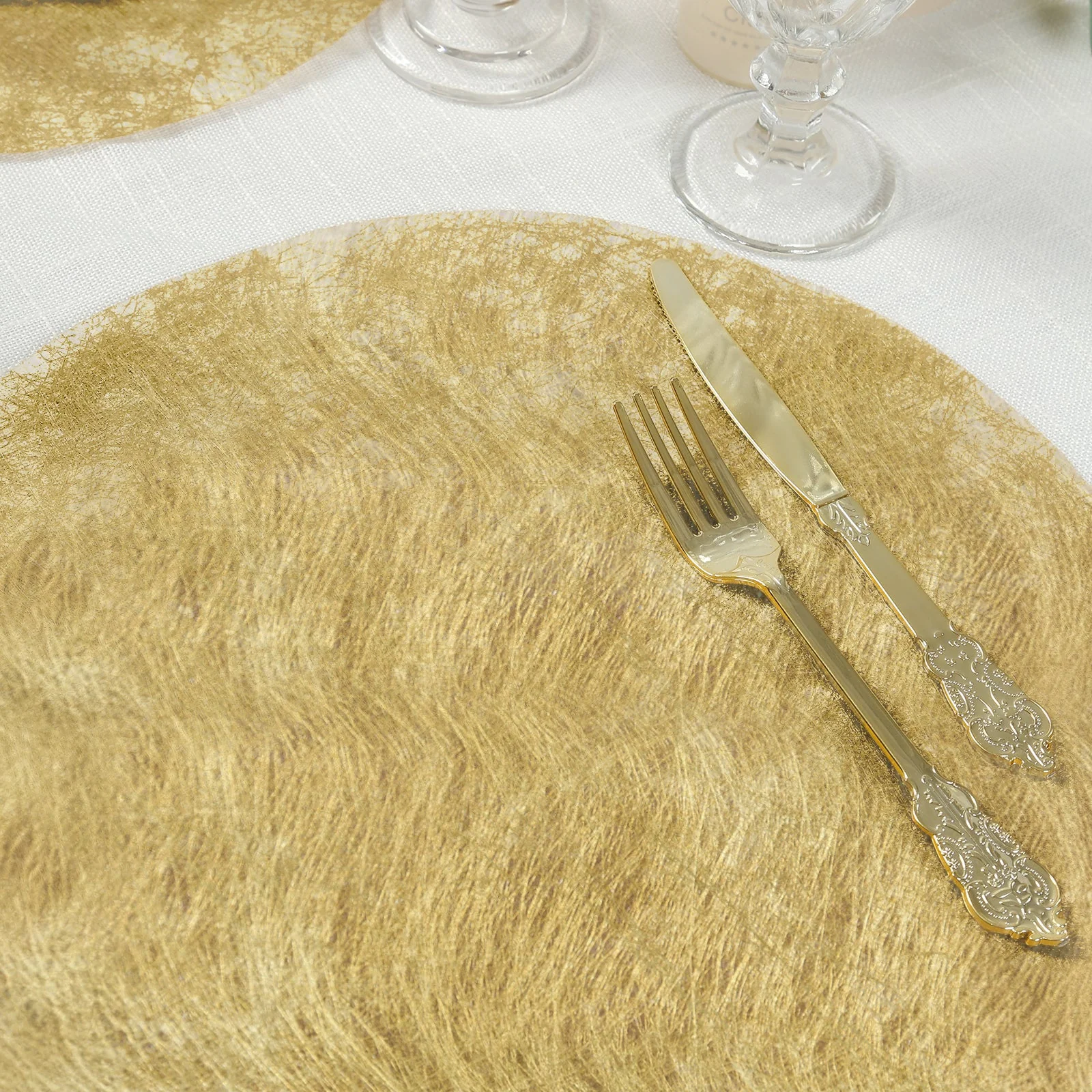 50 Pack Non-Woven Mesh Fiber Round Placemats, 13" Metallic Gold Disposable Table Mats for Dining & Events