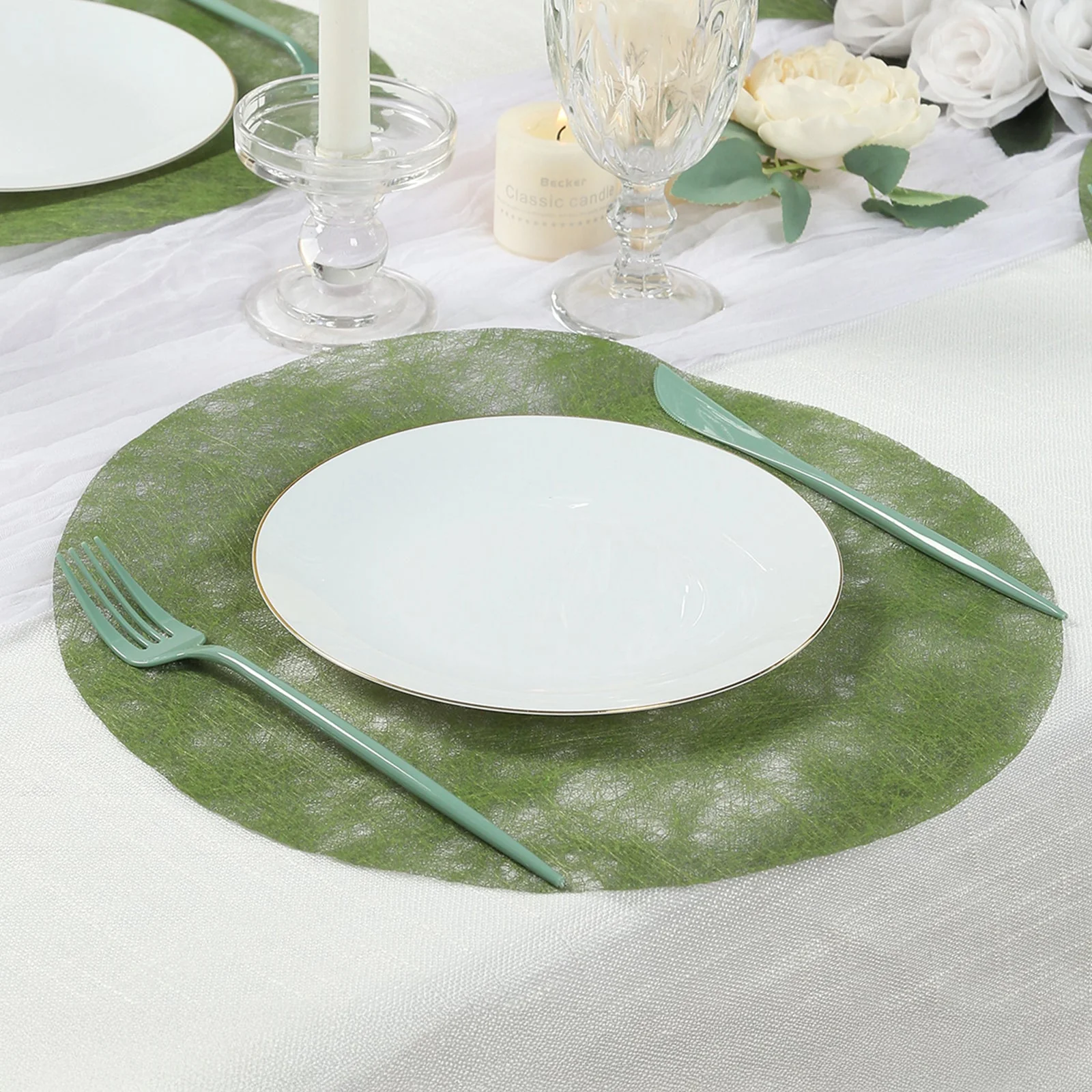 50 Pack Non-Woven Mesh Fiber Round Placemats, 13" Olive Green Disposable Table Mats for Dining & Events - Image 8