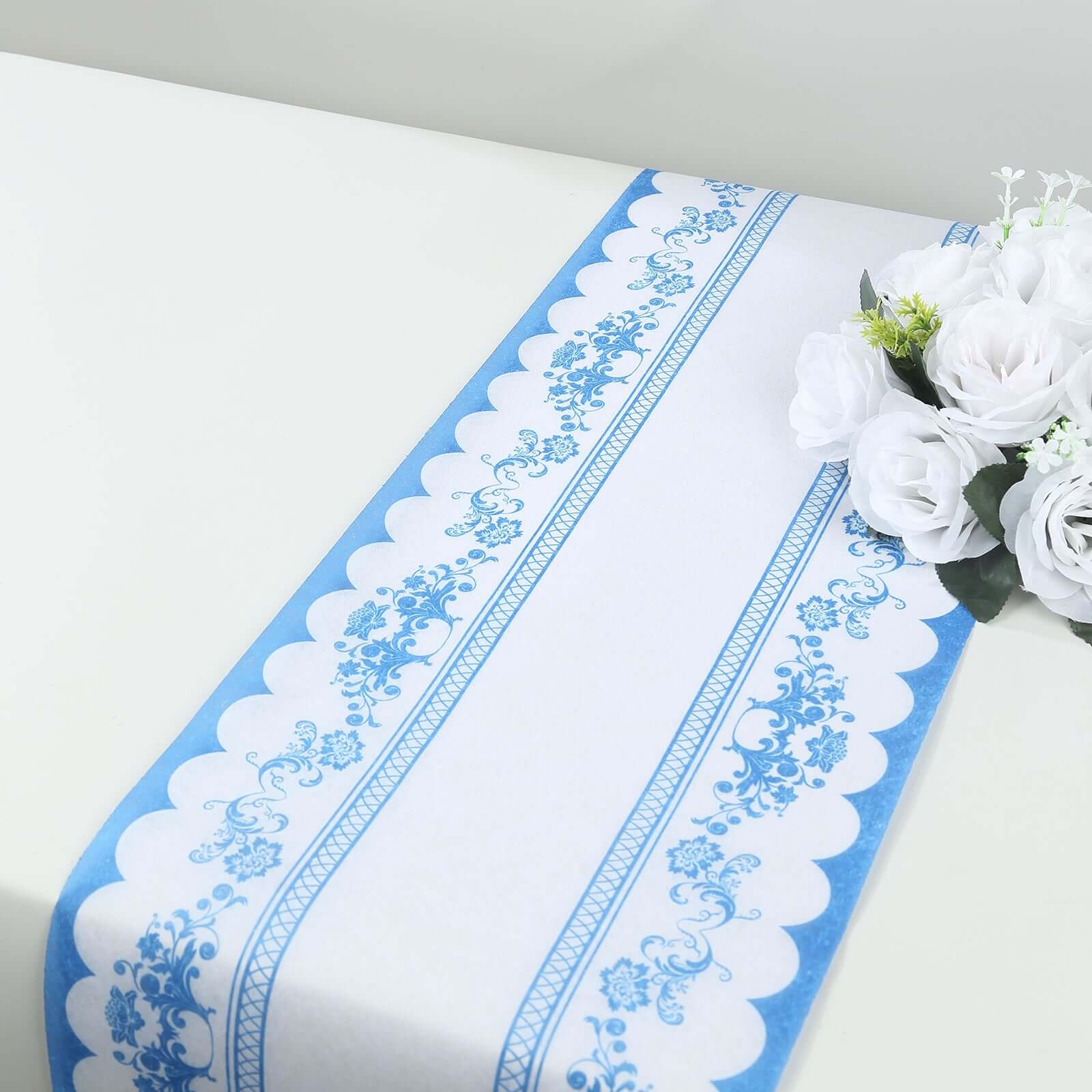 5 Pack Disposable Table Runners 11"x108" White with Blue Ornate Floral Prints - Non-woven Stylish Kitchen Dining Table Decor - Image 2