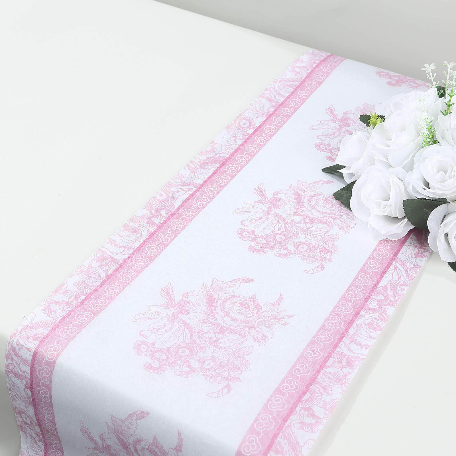 5 Pack Disposable Table Runners 11"x108" White with Pink Floral Pattern - Non-woven Stylish Kitchen Dining Table Decor - Image 2