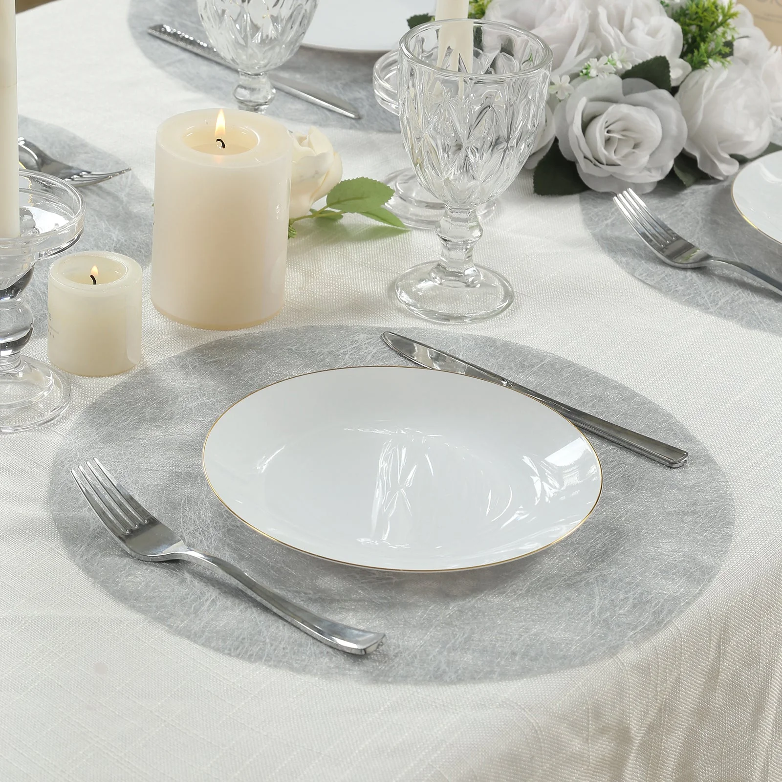50 Pack Non-Woven Mesh Fiber Round Placemats, 13" Metallic Silver Disposable Table Mats for Dining & Events