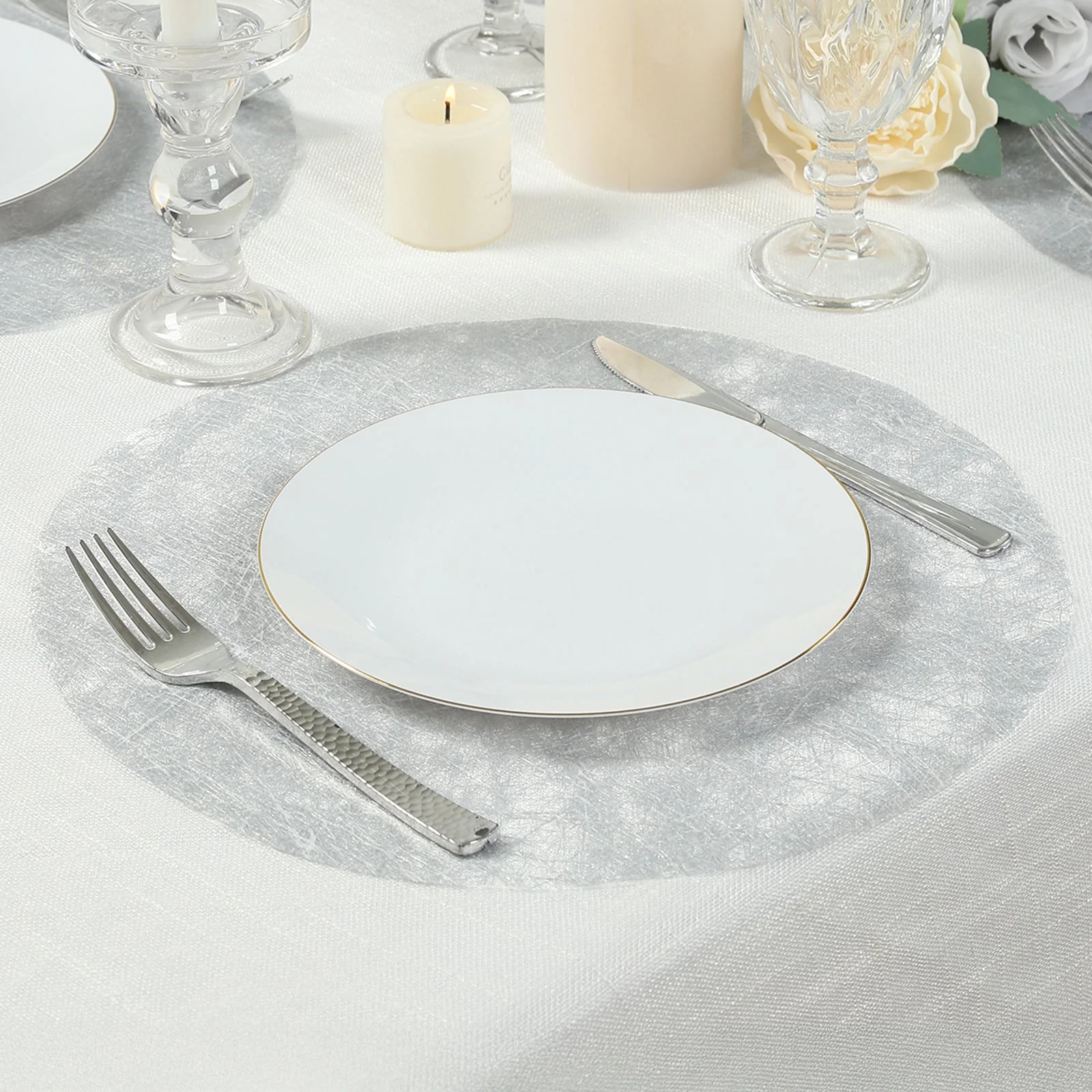 50 Pack Non-Woven Mesh Fiber Round Placemats, 13" Metallic Silver Disposable Table Mats for Dining & Events - Image 8
