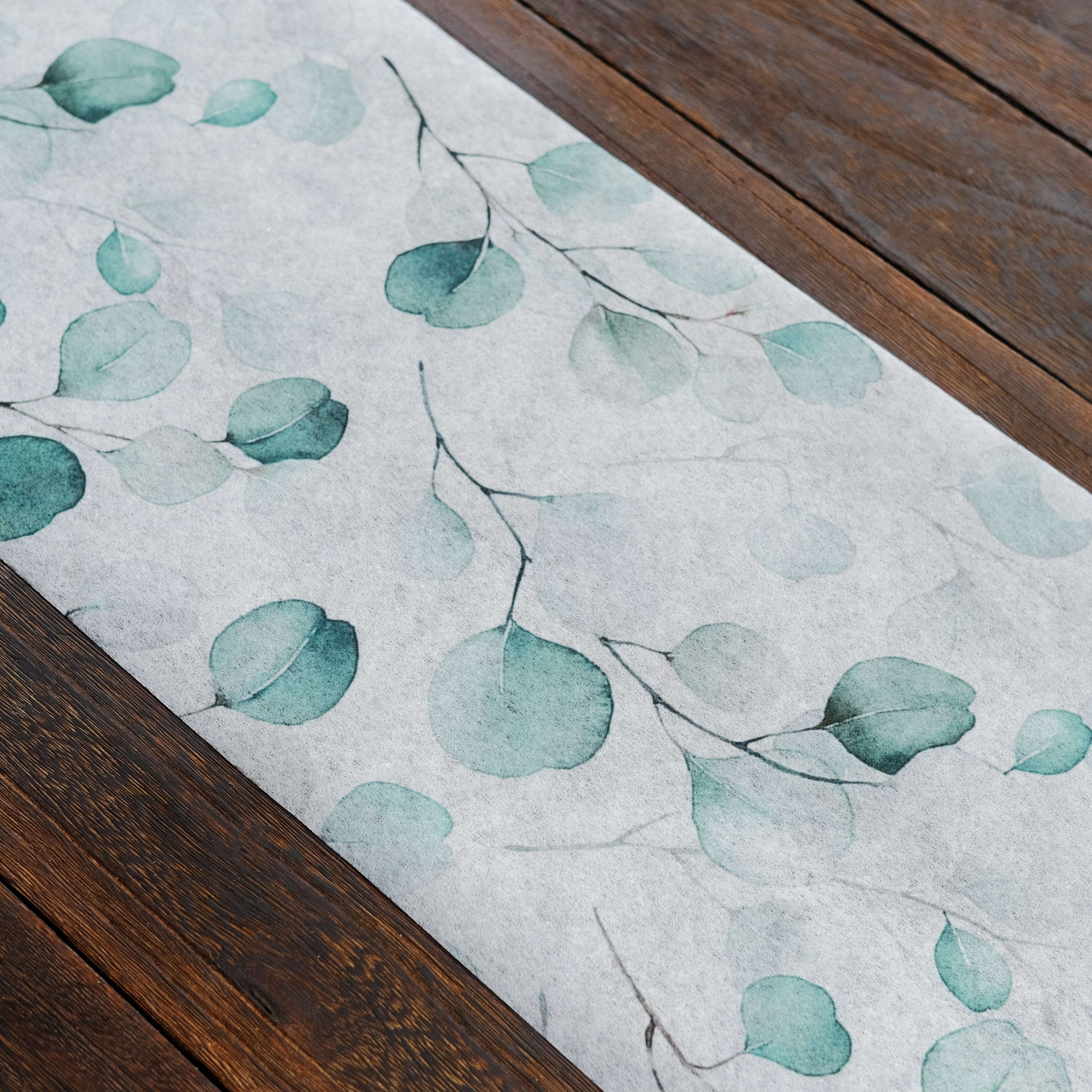 Disposable Table Runner 11"x108" White with Green Eucalyptus Leaves Print - Non-woven Stylish Spring Summer Dining Decor - Image 2