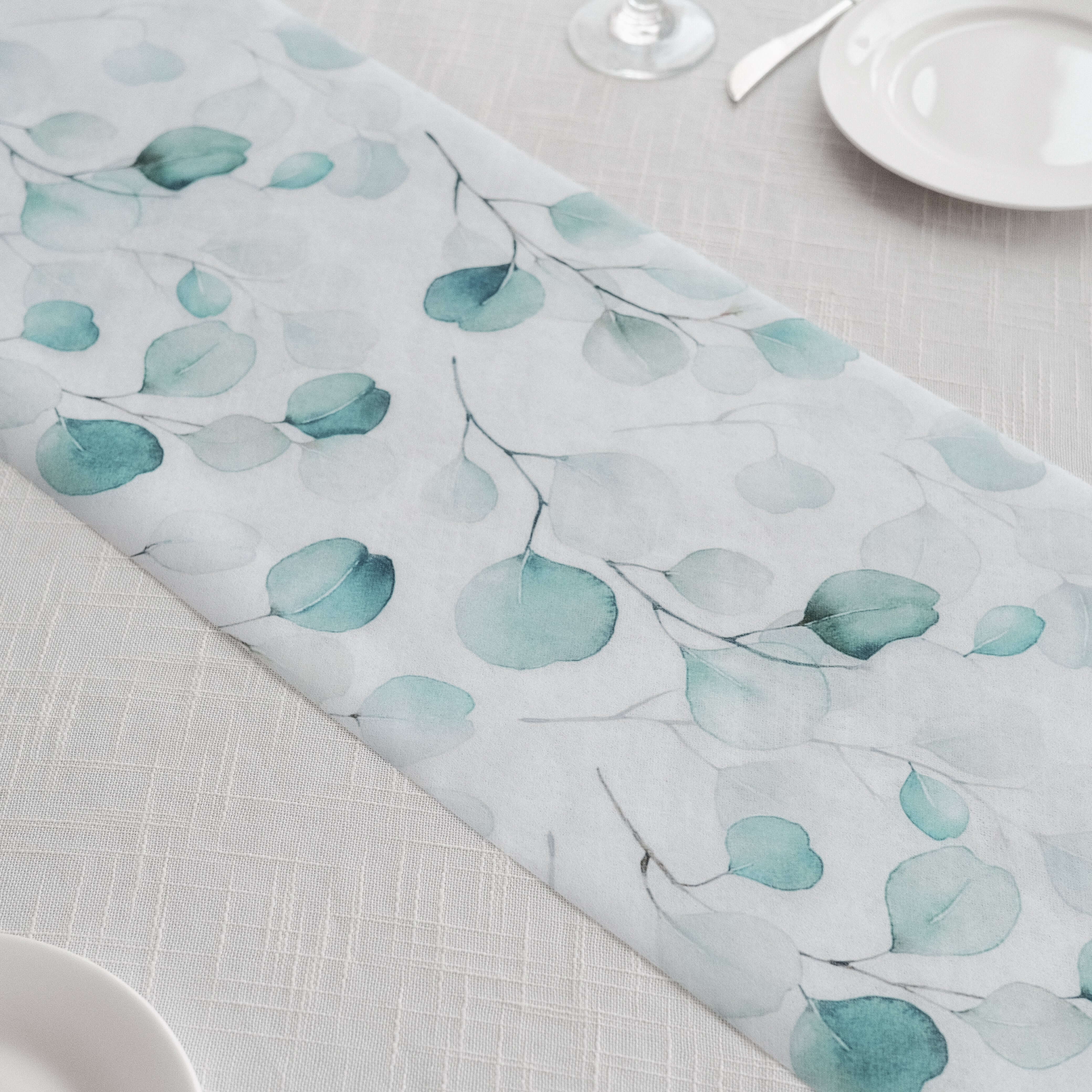 Disposable Table Runner 11"x108" White with Green Eucalyptus Leaves Print - Non-woven Stylish Spring Summer Dining Decor - Image 6