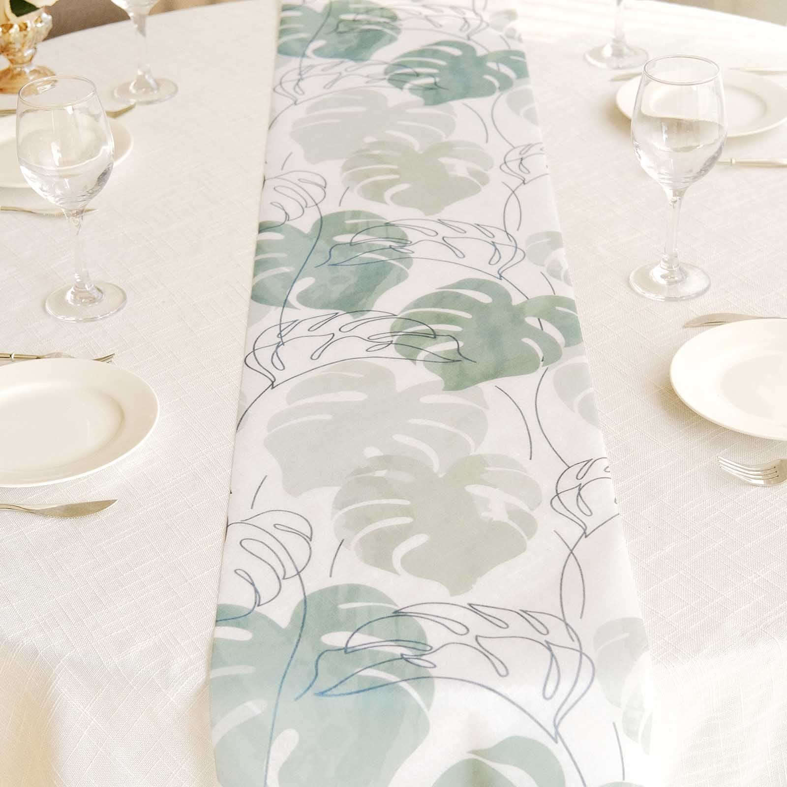Disposable Table Runner 11"x108" White with Green Monstera Palm Leaves Print - Non-woven Stylish Spring Summer Dining Decor - Image 5