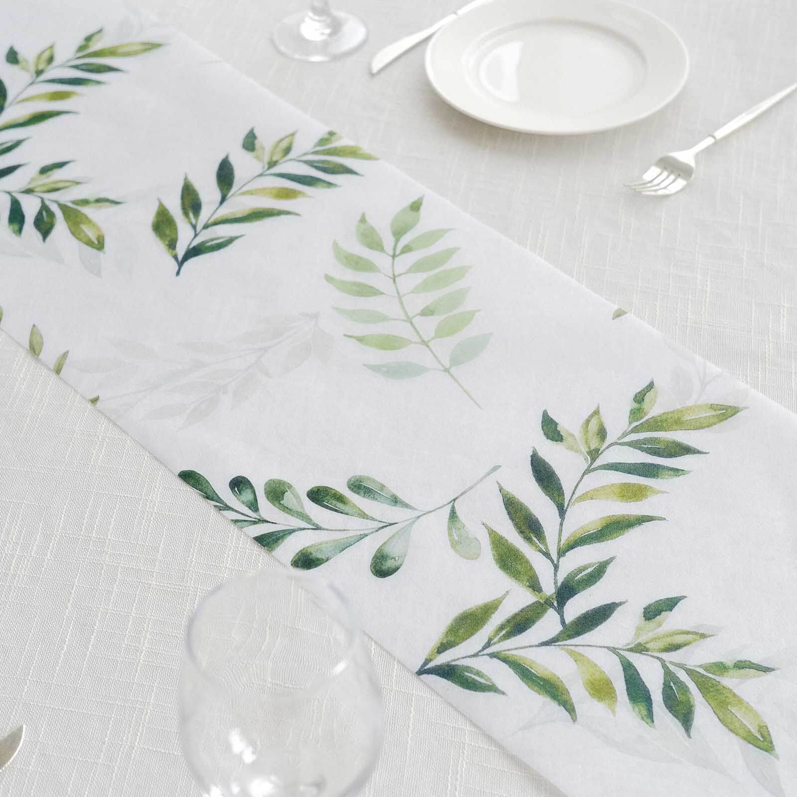 Disposable Table Runner 11"x108" White with Green Olive Leaves Print - Non-woven Stylish Spring Summer Dining Decor - Image 5