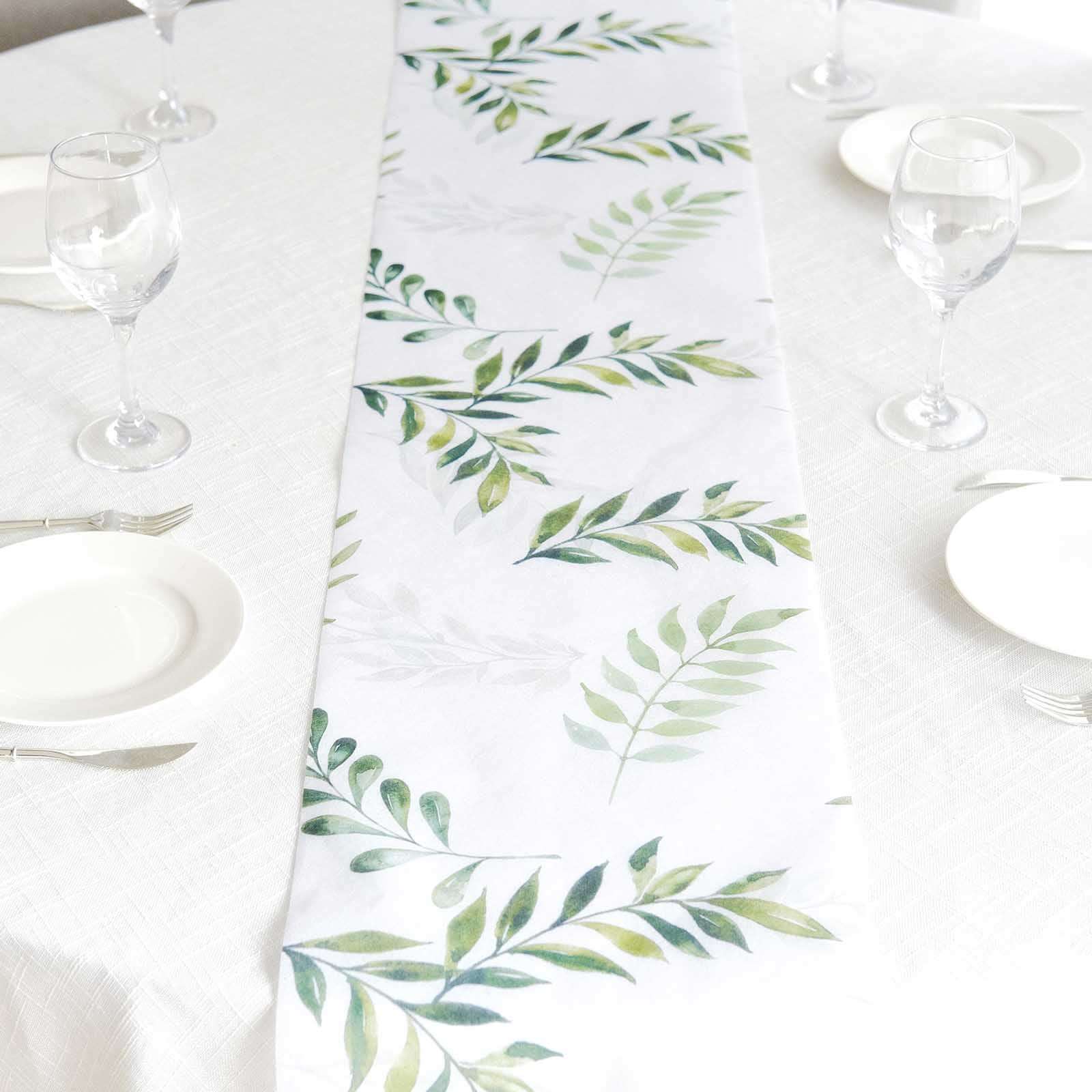 Disposable Table Runner 11"x108" White with Green Olive Leaves Print - Non-woven Stylish Spring Summer Dining Decor - Image 6