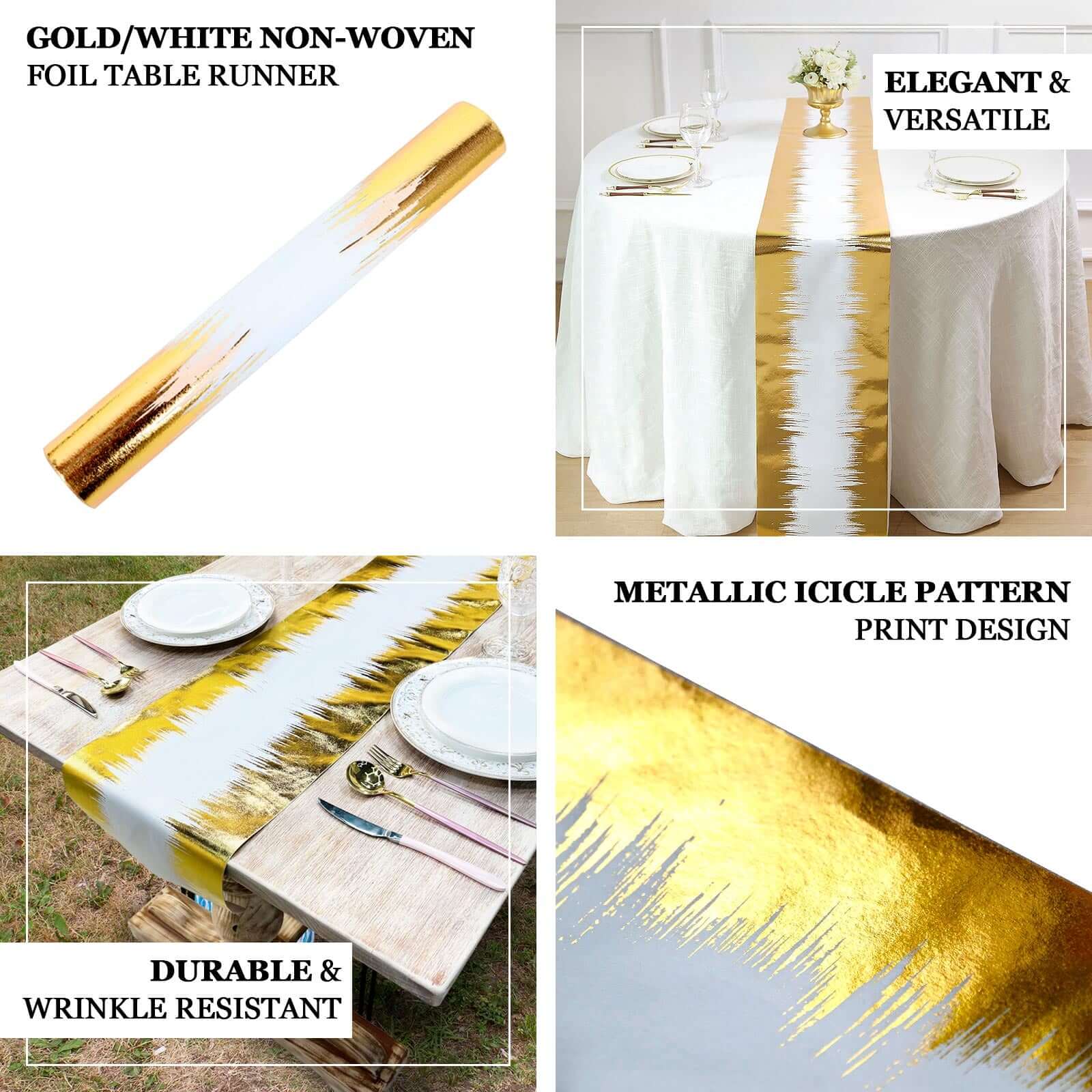 Disposable Table Runner Roll 108" Metallic Gold Foil Icicle Pattern - Stylish Non-Woven Table Decor for Special Occasions - Image 4