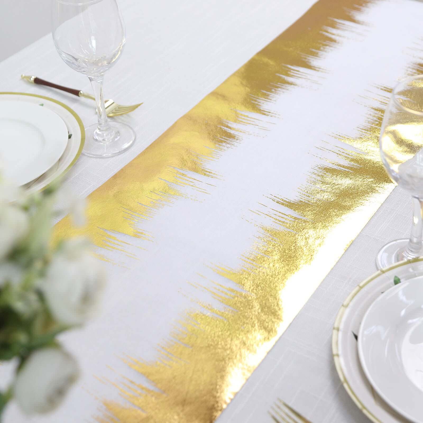 Disposable Table Runner Roll 108" Metallic Gold Foil Icicle Pattern - Stylish Non-Woven Table Decor for Special Occasions - Image 5