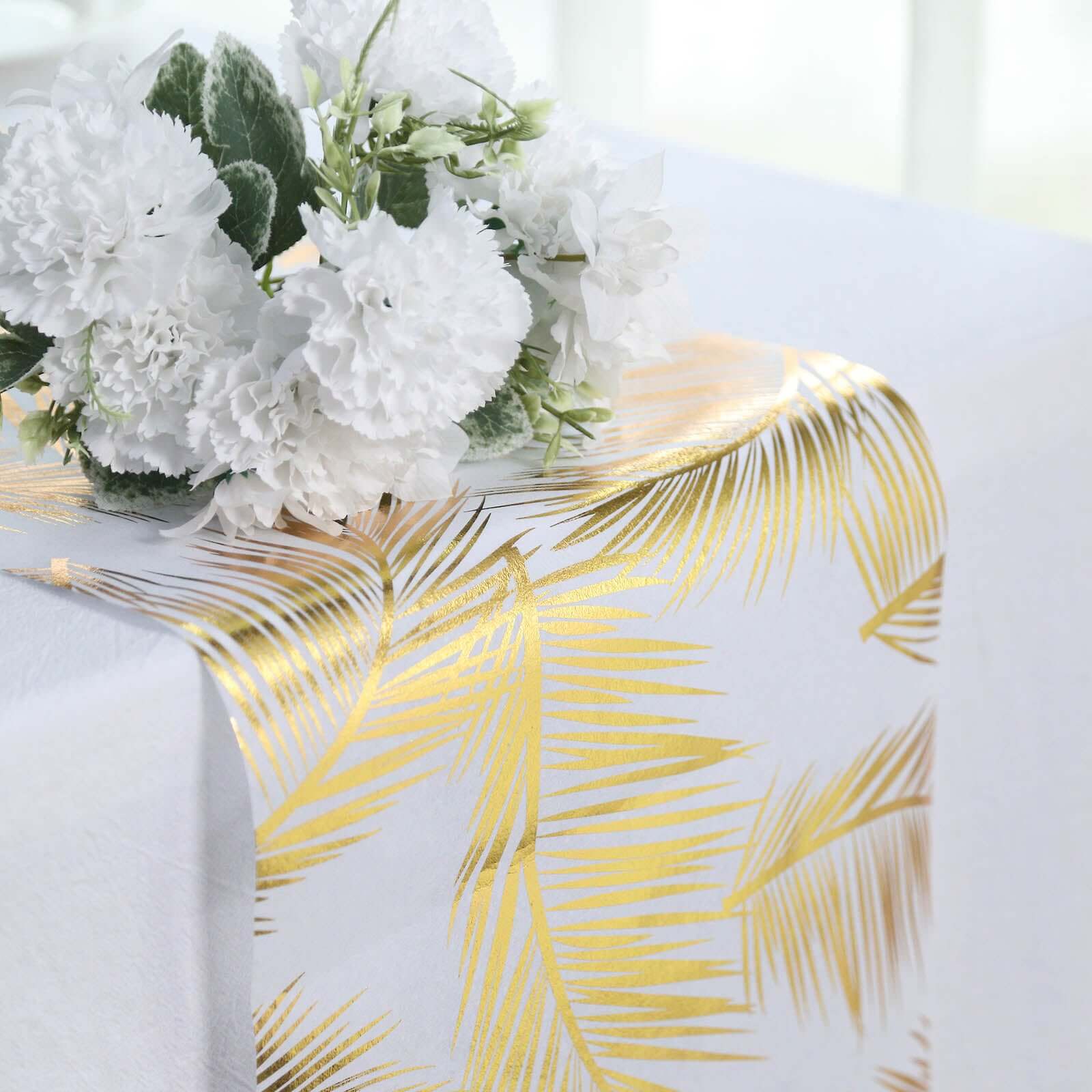 Disposable Table Runner Roll 108" Metallic Gold Foil Palm Leaves Print - Chic Non-Woven Tropical Table Decor for Events - Image 2