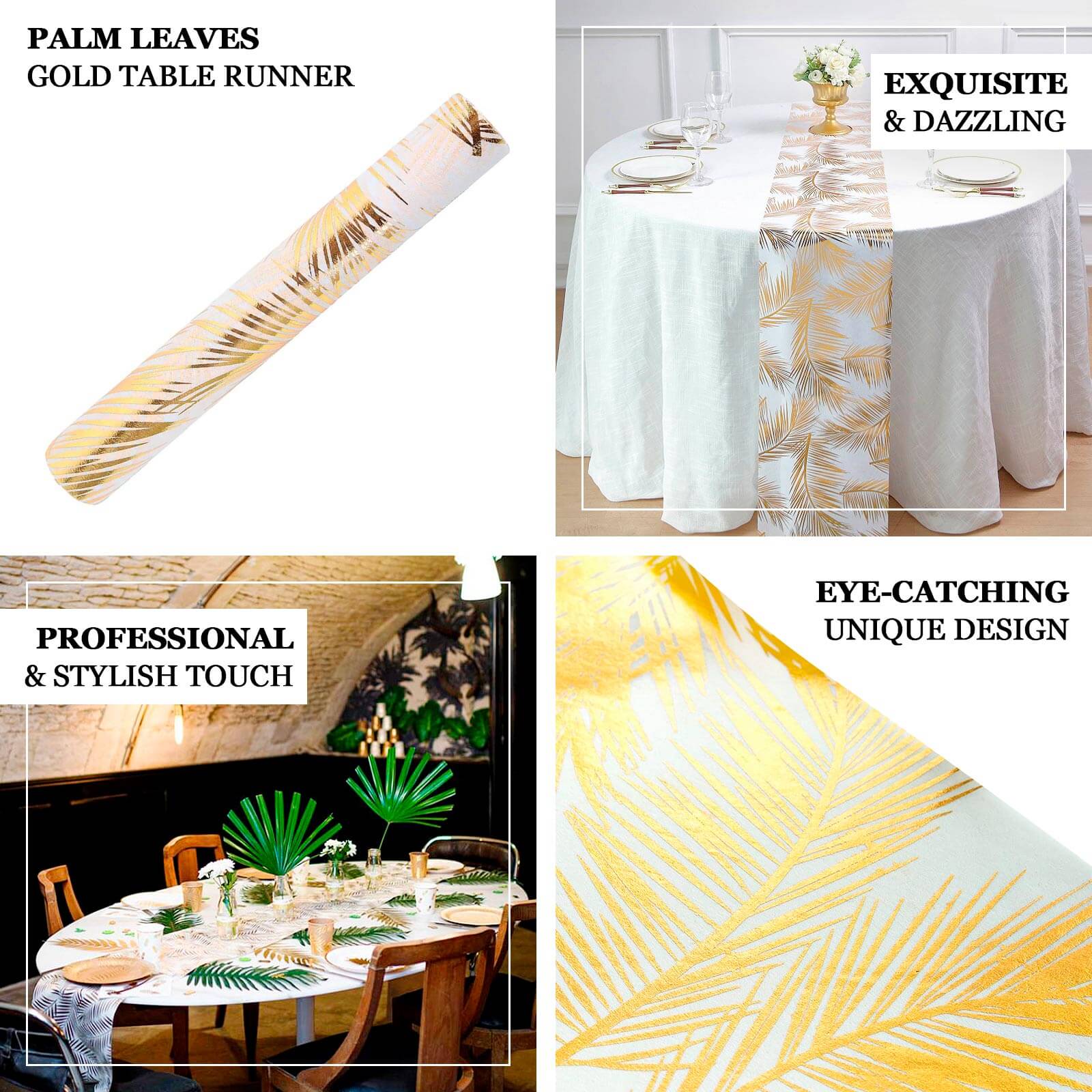 Disposable Table Runner Roll 108" Metallic Gold Foil Palm Leaves Print - Chic Non-Woven Tropical Table Decor for Events - Image 4