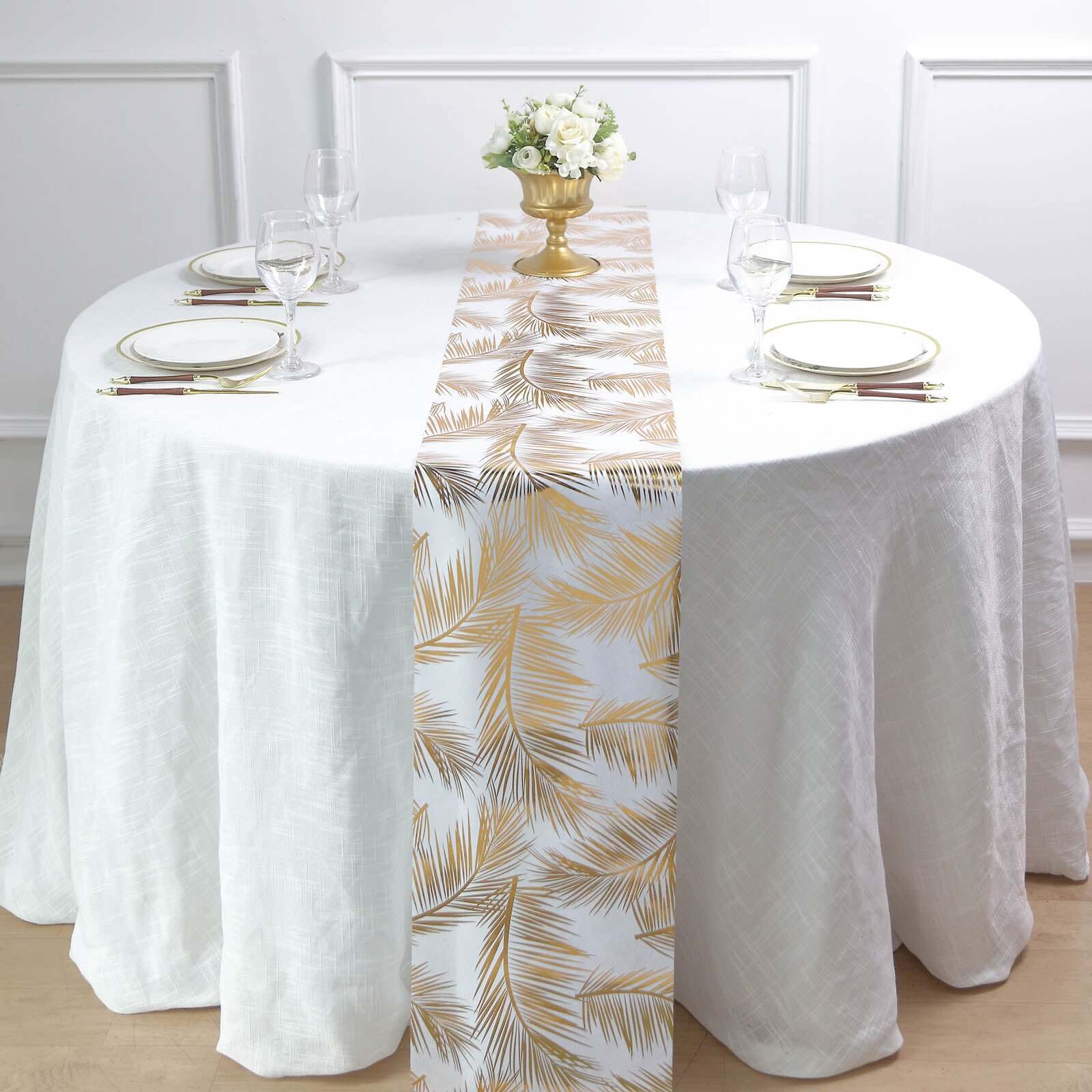 Disposable Table Runner Roll 108" Metallic Gold Foil Palm Leaves Print - Chic Non-Woven Tropical Table Decor for Events - Image 9