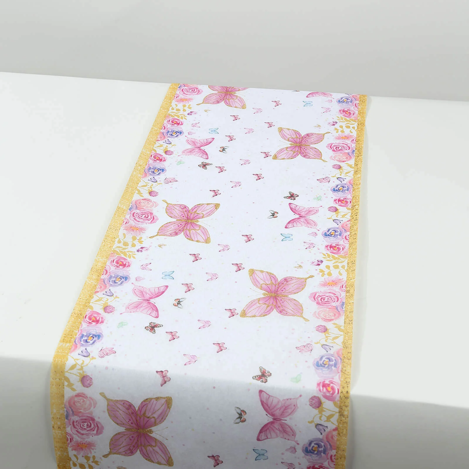 5 Pack Disposable Table Runners 11"x108" White with Pink Butterflies - Non-woven Stylish Spring Summer Dining Decor - Image 2
