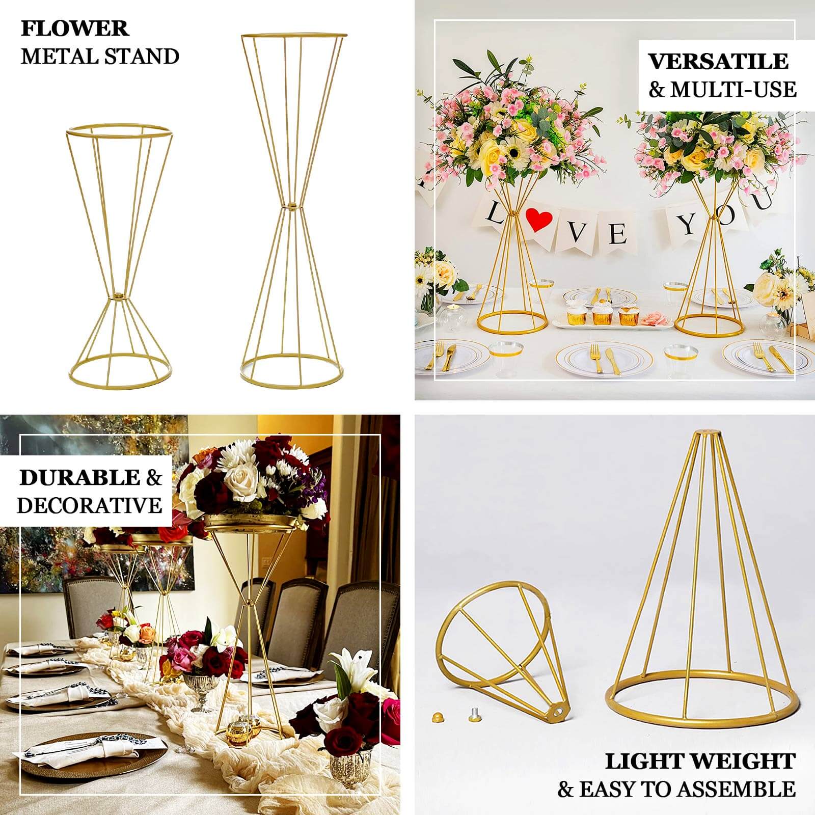 Dual Cone Gold Metal Flower Stand 27" Reversible Geometric Pedestal - Wedding Centerpiece - Image 4