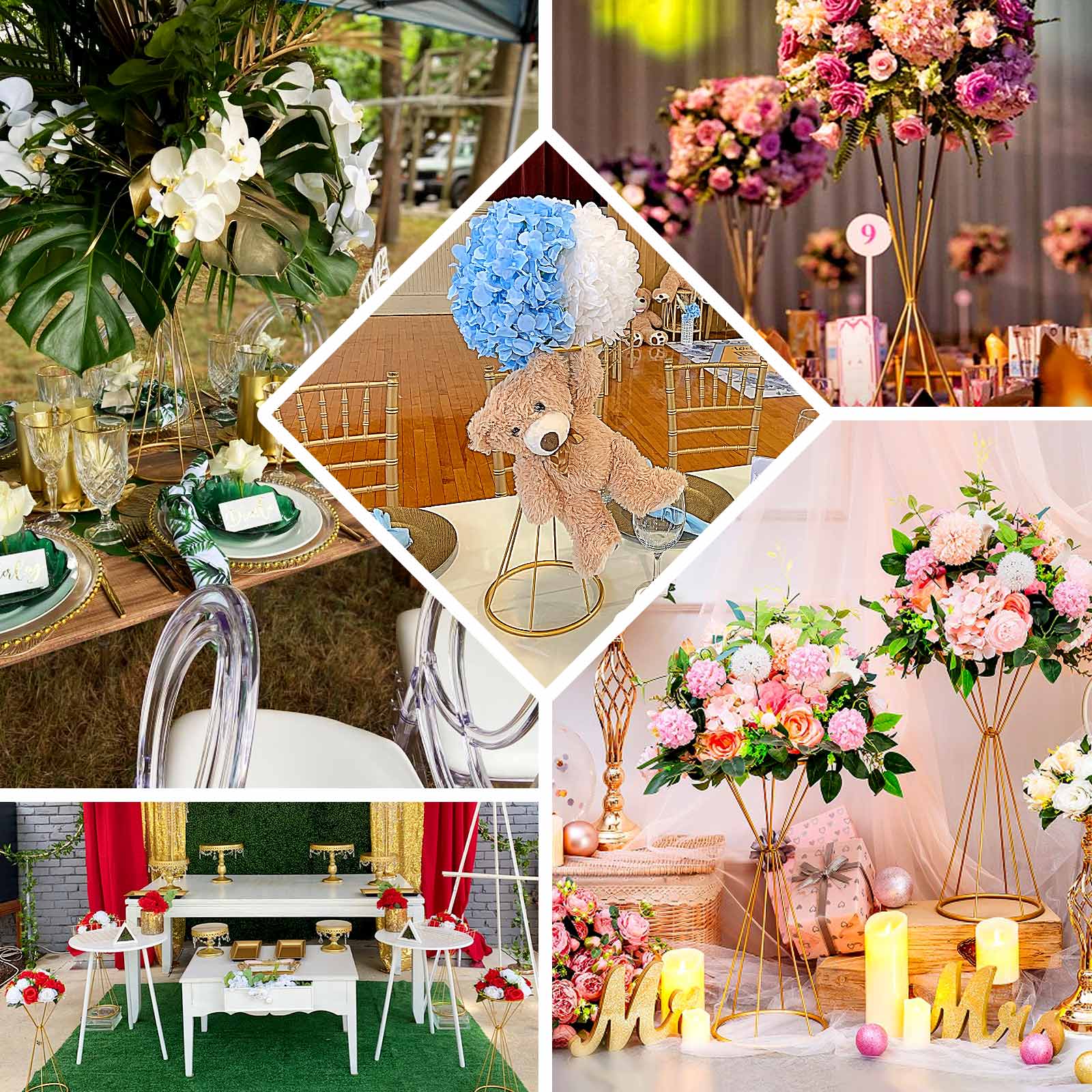 Dual Cone Gold Metal Flower Stand 27" Reversible Geometric Pedestal - Wedding Centerpiece - Image 5